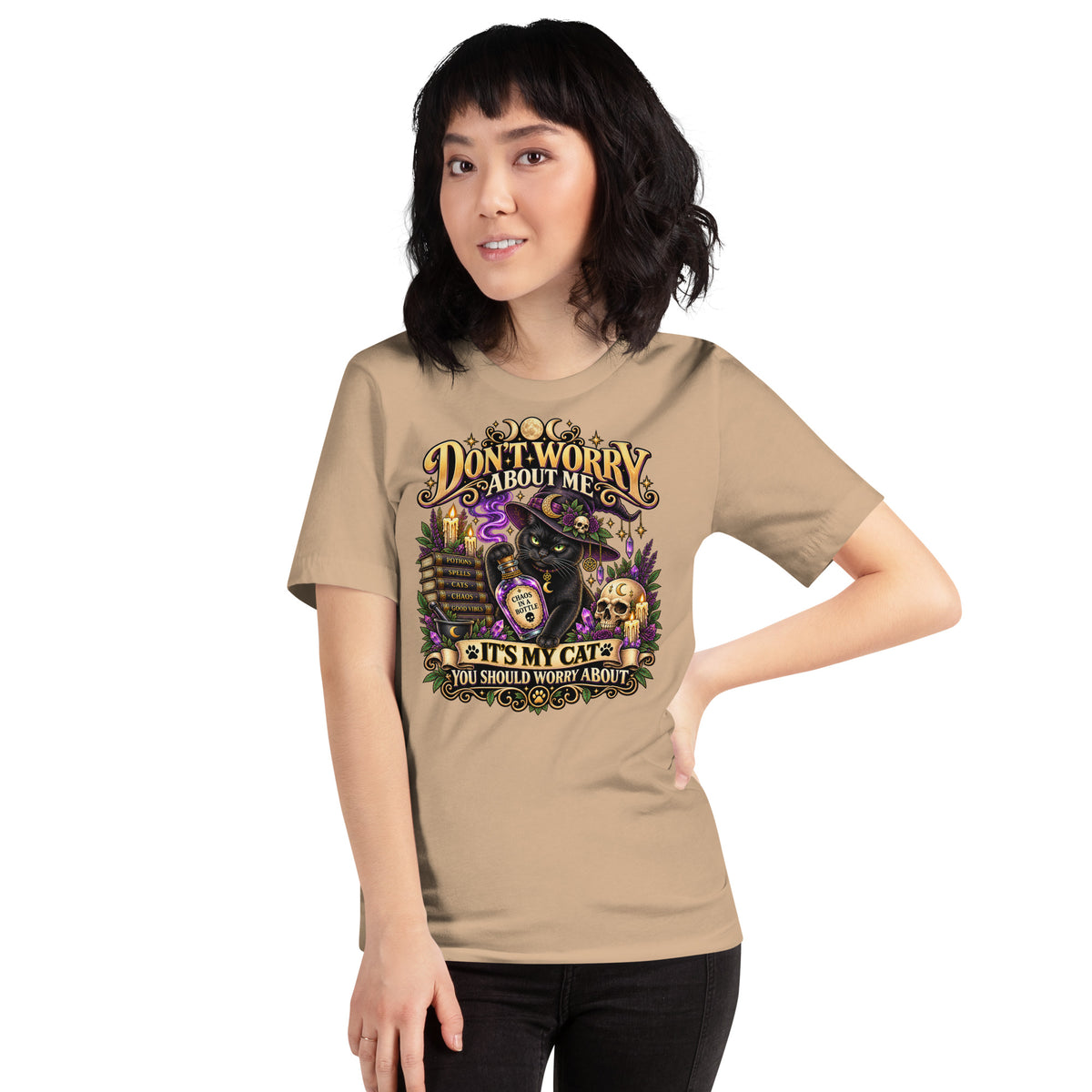 It's My Cat You Should Worry About black cat design on a Tan unisex t-shirt, front view