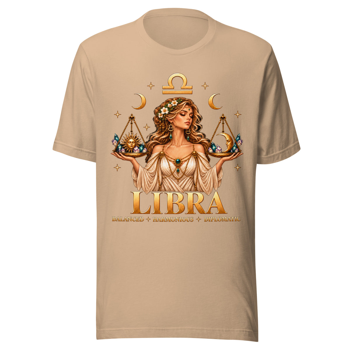 Libra zodiac t-shirt in tan, front: a woman holding golden scales in a night sky of gold stars with the Libra glyph