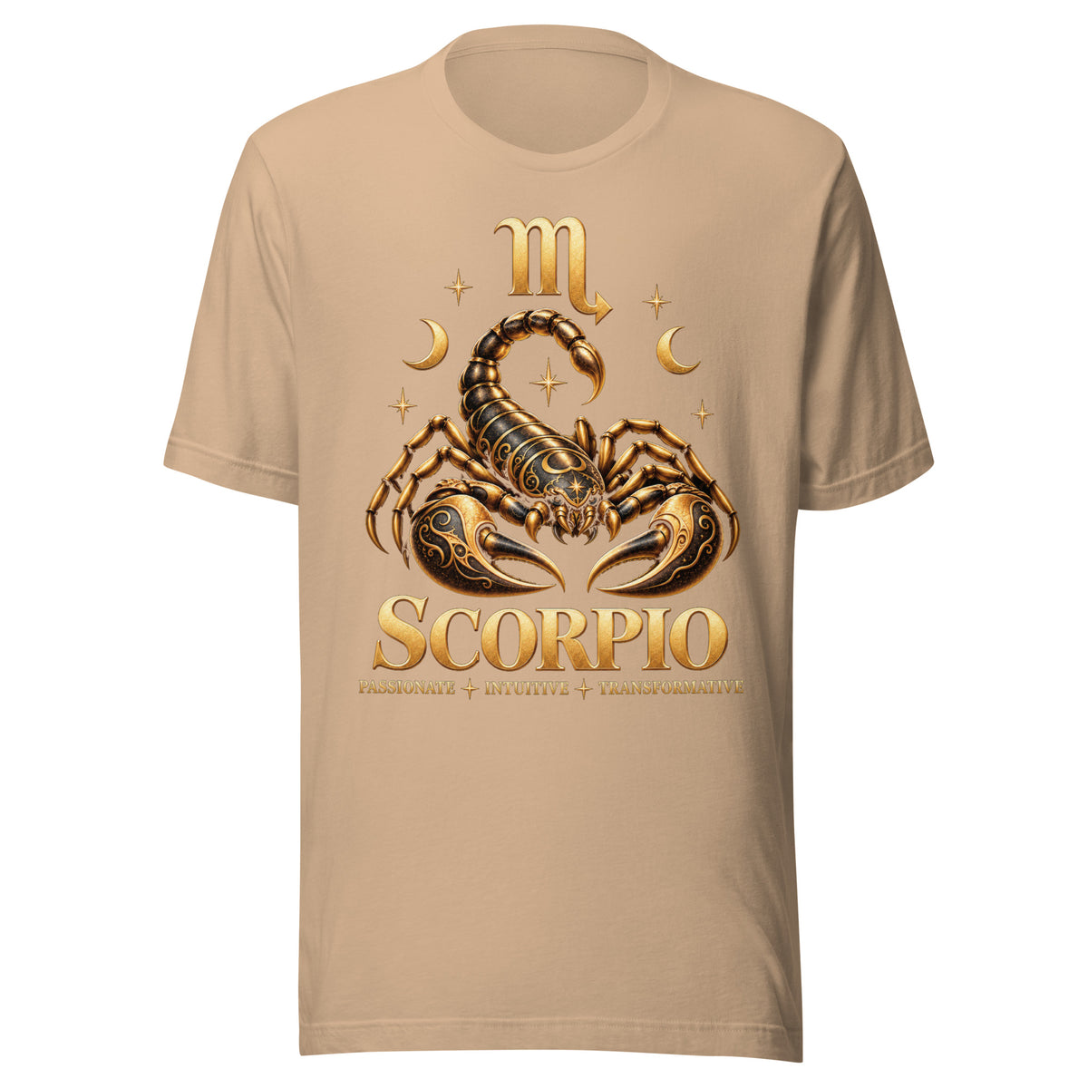 Scorpio zodiac t-shirt in tan, front: a golden scorpion in a night sky of gold stars with the Scorpio glyph