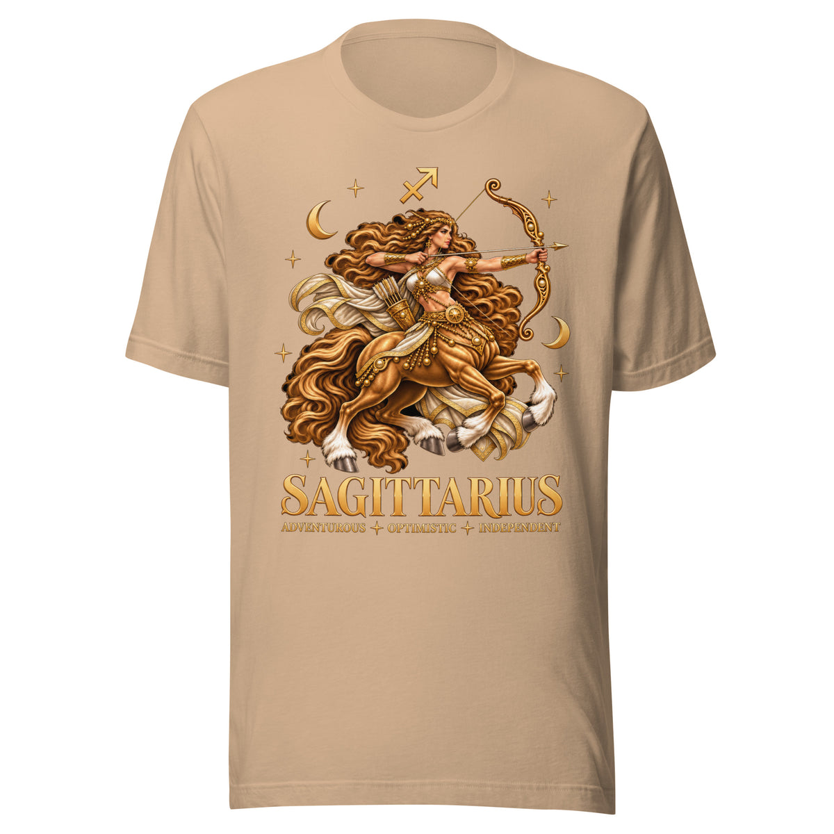 Sagittarius zodiac t-shirt in tan, front: a golden centaur archer in a night sky of gold stars with the Sagittarius glyph