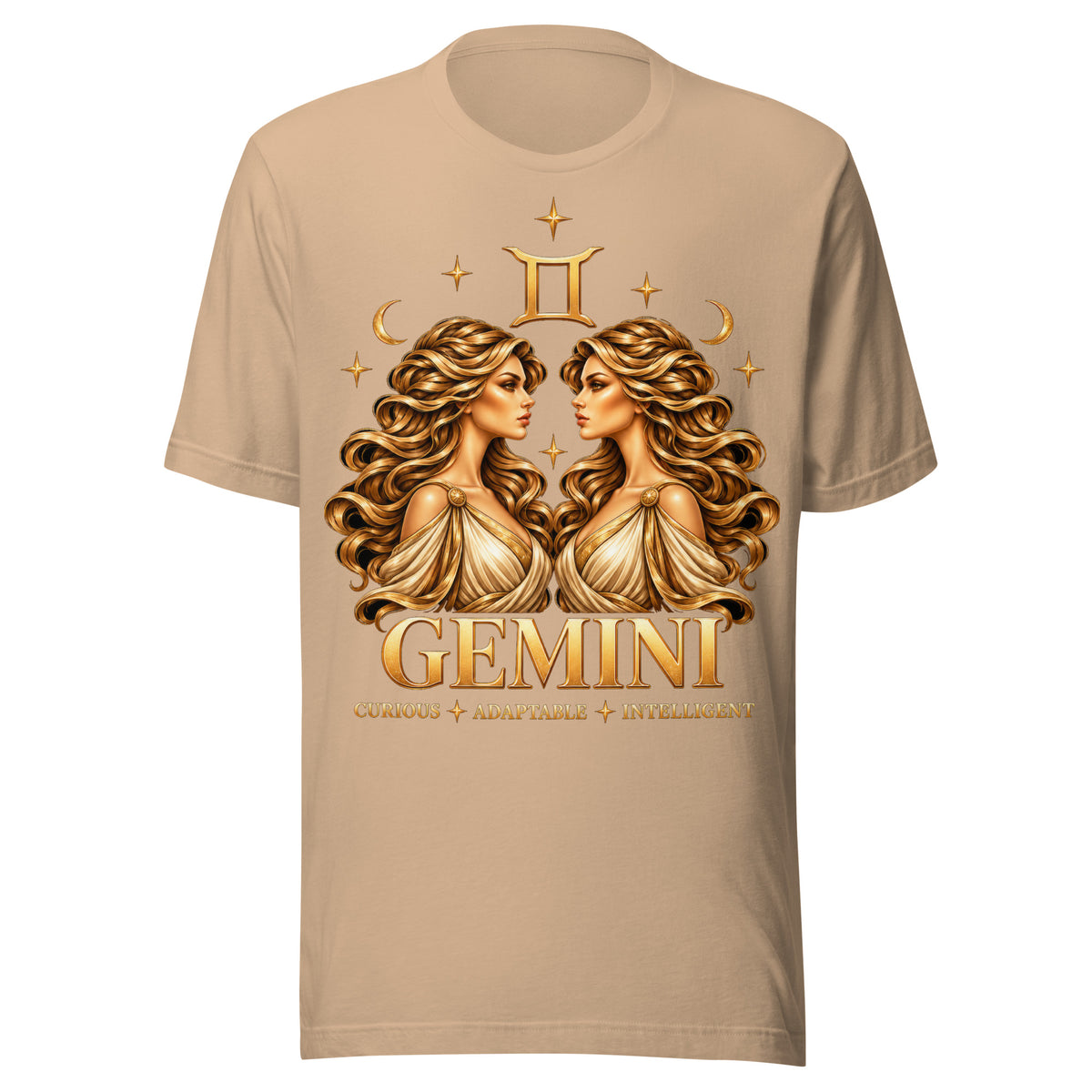 Gemini zodiac t-shirt in tan, front: golden twins face to face in a night sky of gold stars