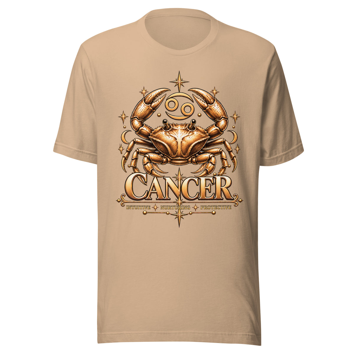 Cancer zodiac t-shirt in tan, front: a golden crab with claws raised in a night sky of gold stars