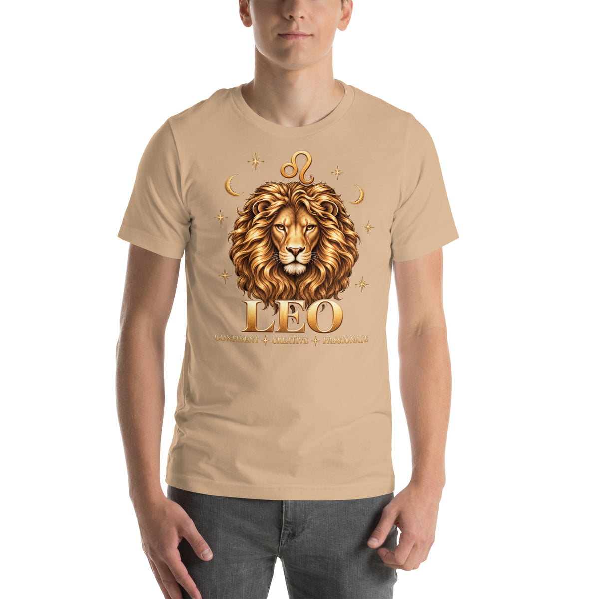 Leo zodiac t-shirt in tan, front: a golden lion with a full flowing mane in a night sky of gold stars