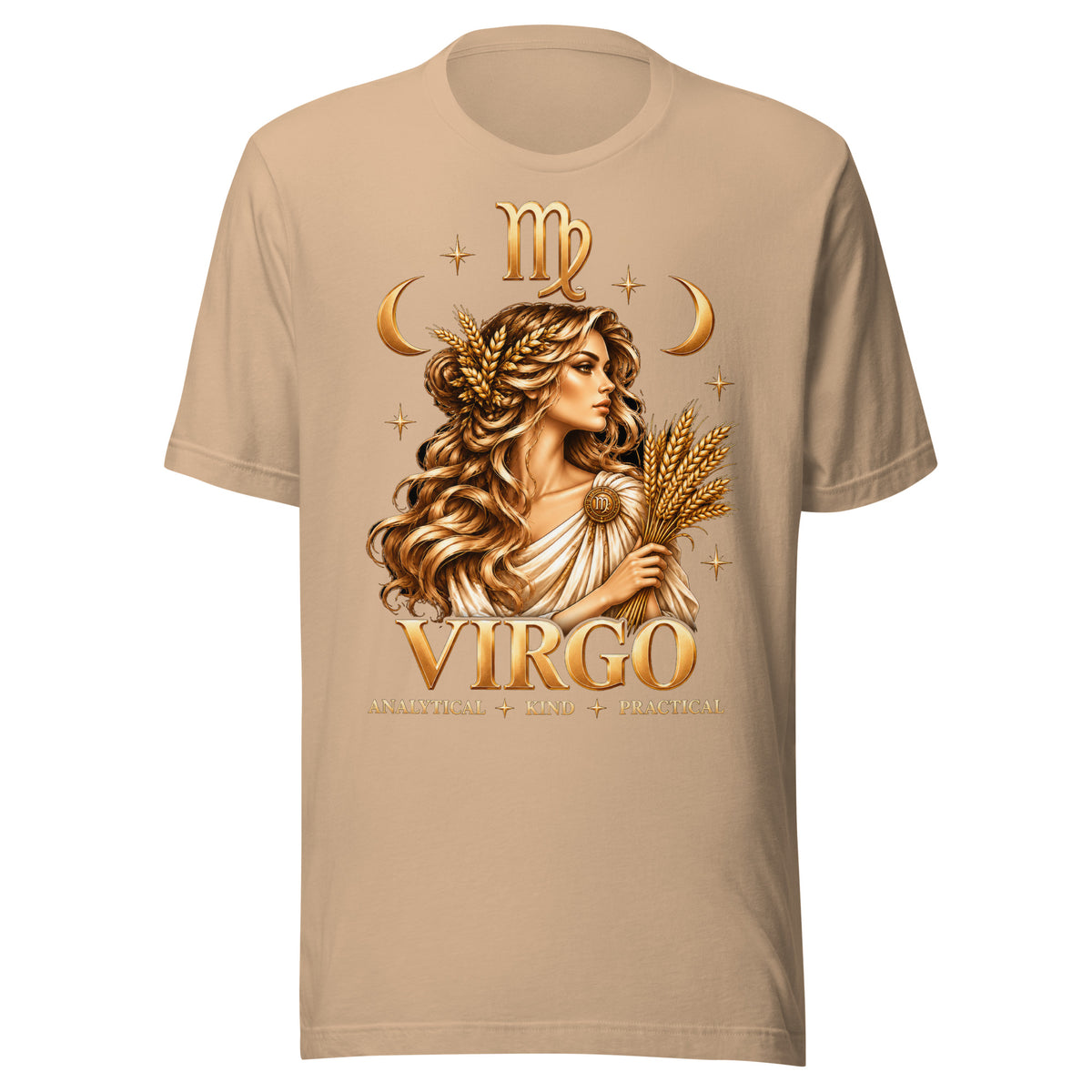Virgo zodiac t-shirt in tan, front: a golden maiden holding a sheaf of wheat in a night sky of gold stars