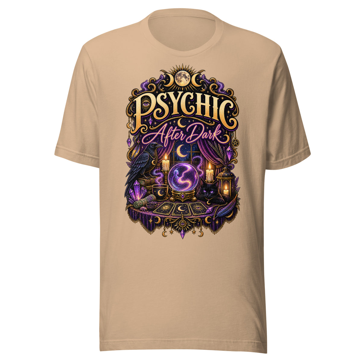 Psychic After Dark neon design, a black cat with a crystal ball, tarot cards and books, on a tan unisex t-shirt, front view