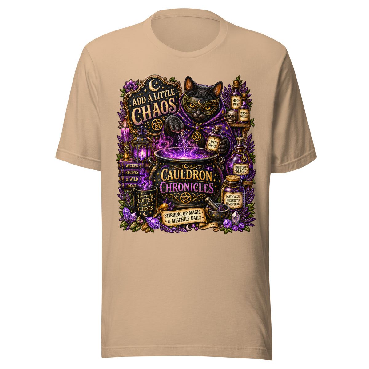 Add A Little Chaos design, a masked black cat stirring a bubbling purple cauldron, on a tan unisex t-shirt, front view
