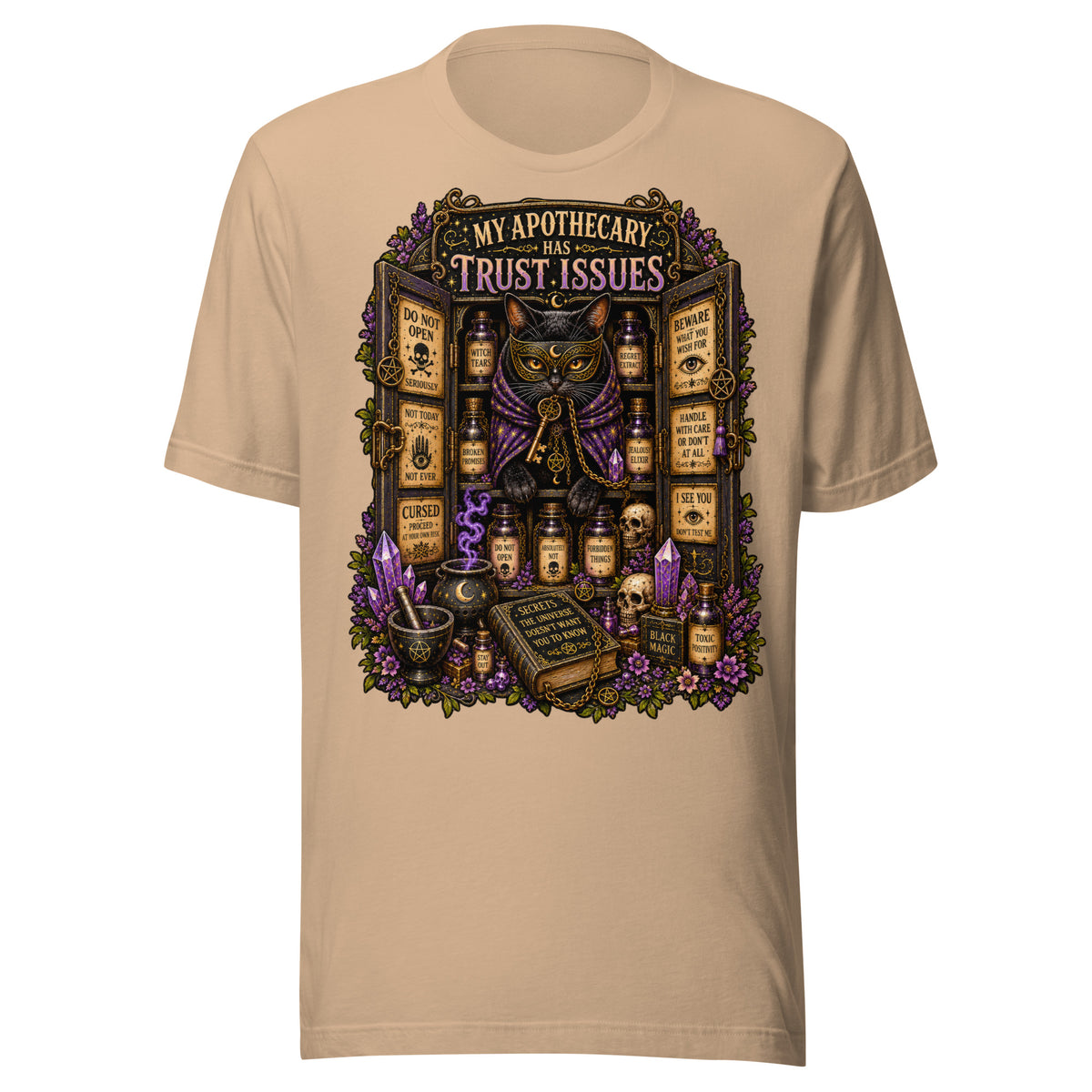 My Apothecary Has Trust Issues design, a masked black cat guarding a cabinet of labeled potions, on a tan unisex t-shirt, front view