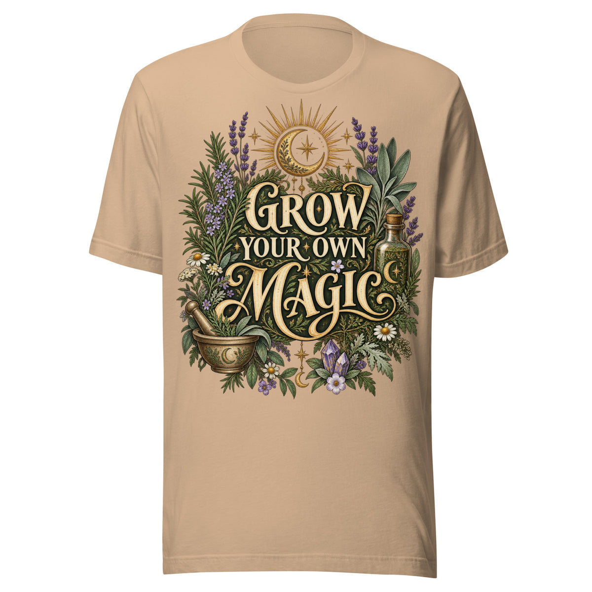 Grow Your Own Magic herbology design, herbs and a golden moon, on a tan unisex t-shirt, front view