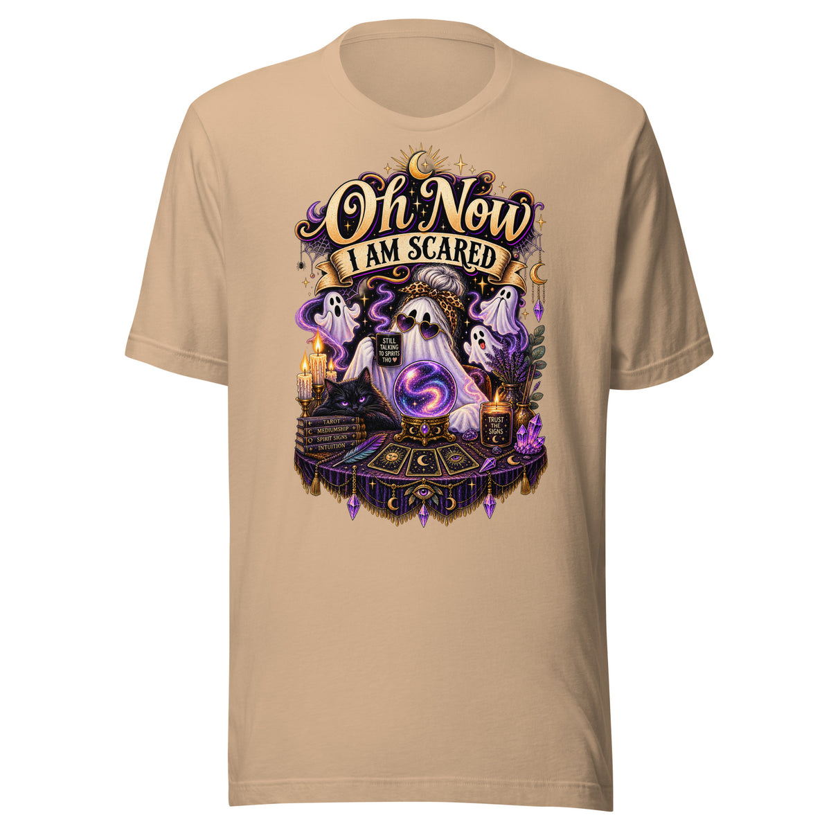 Oh Now I Am Scared design, a ghost in heart sunglasses reading a crystal ball with tarot cards, on a tan unisex t-shirt, front view