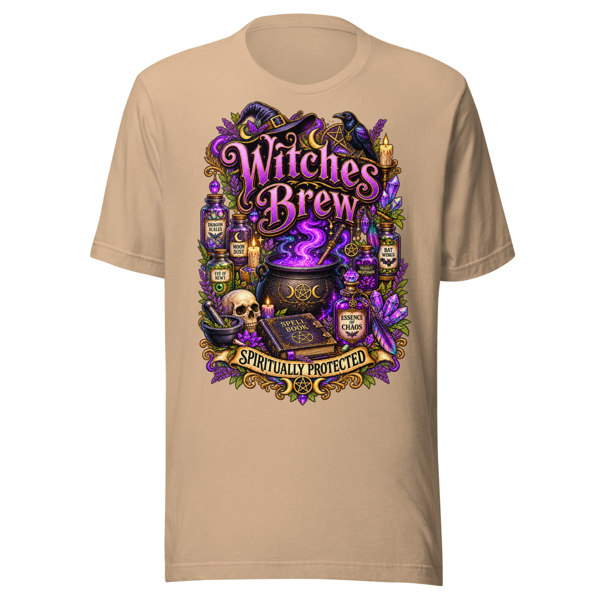 Witches Brew Spiritually Protected design, a bubbling cauldron with potion jars, on a tan unisex t-shirt, front view