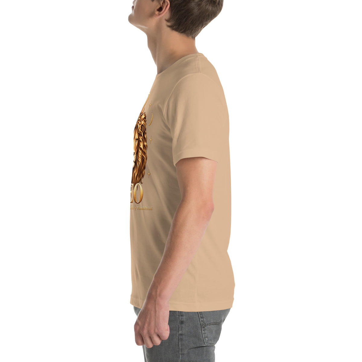 Leo zodiac t-shirt in tan, left side view