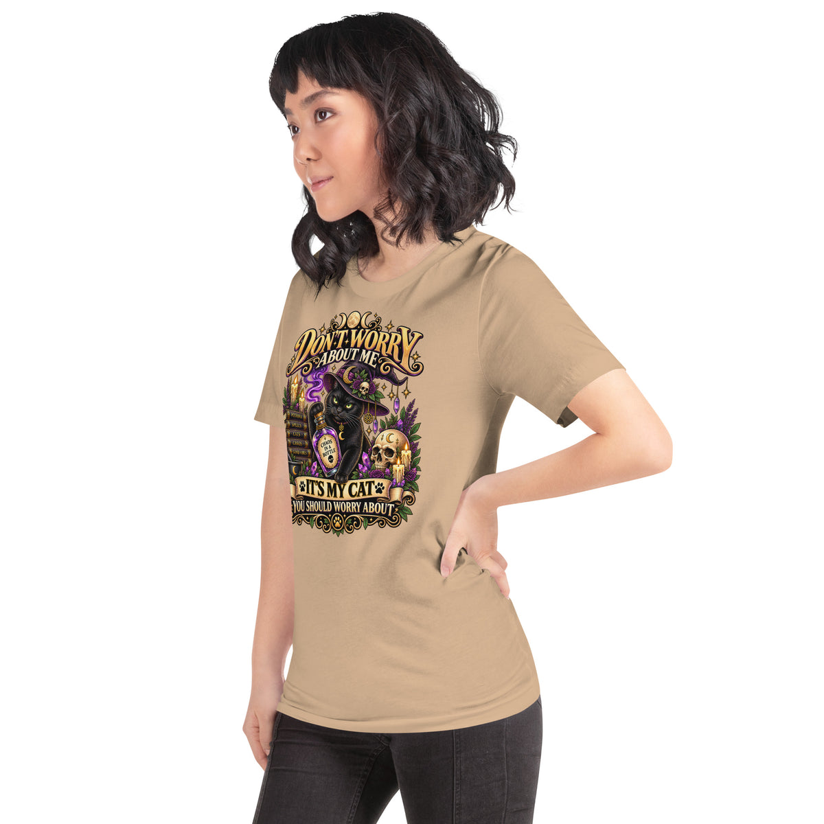 Model wearing a Tan It's My Cat You Should Worry About t-shirt, left side view