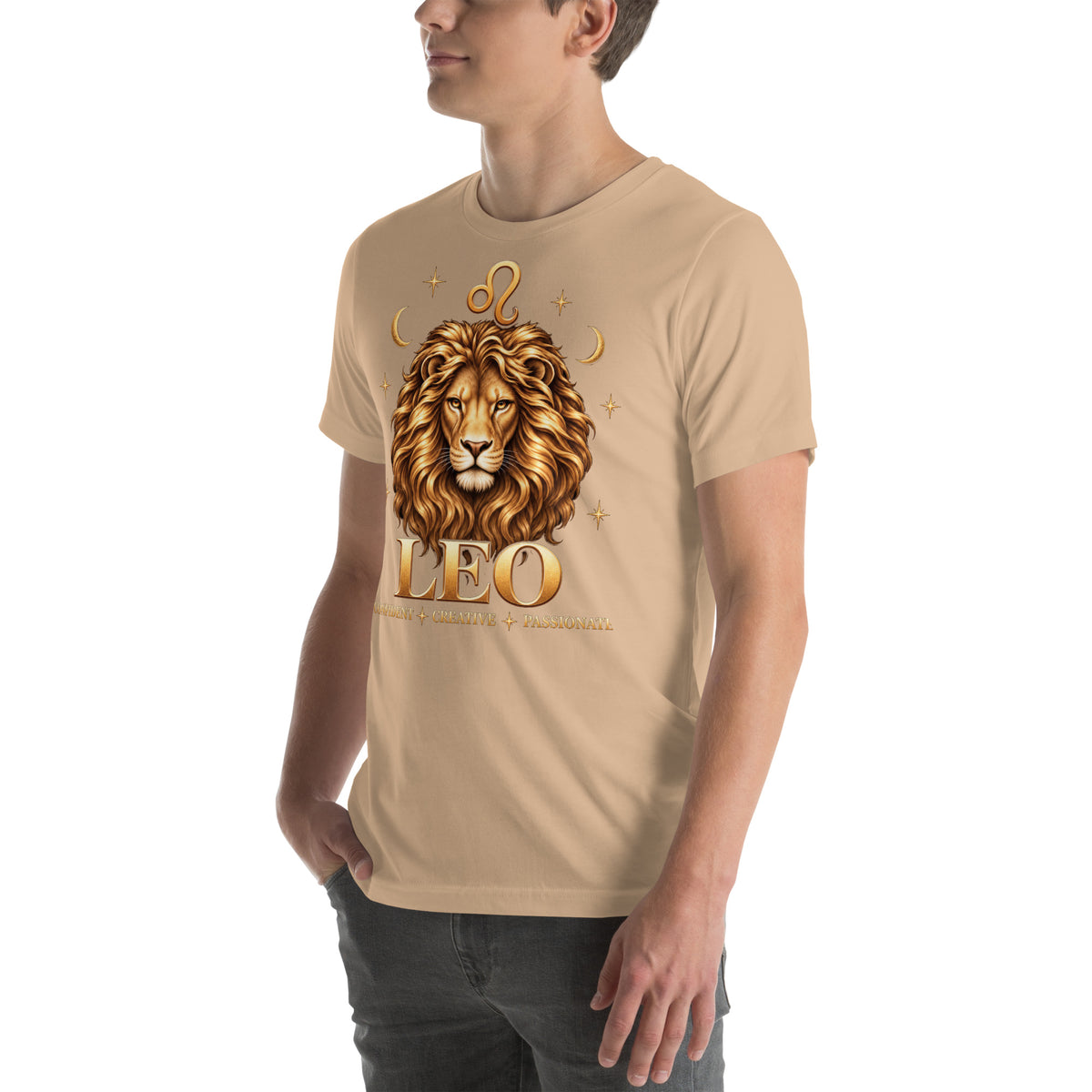 Leo zodiac t-shirt in tan, front view angled left