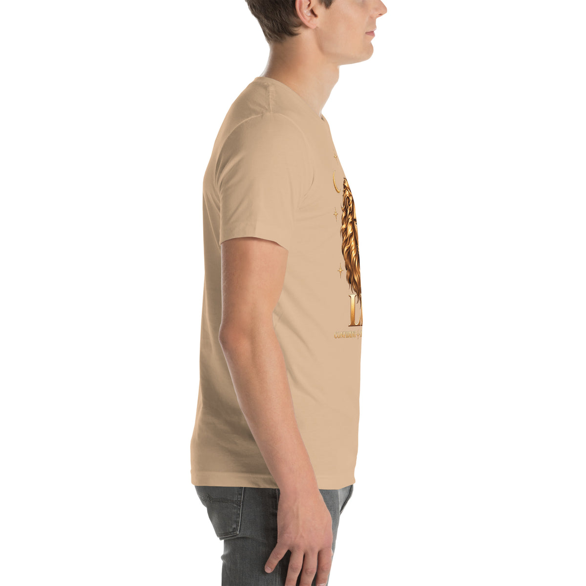 Leo zodiac t-shirt in tan, right side view