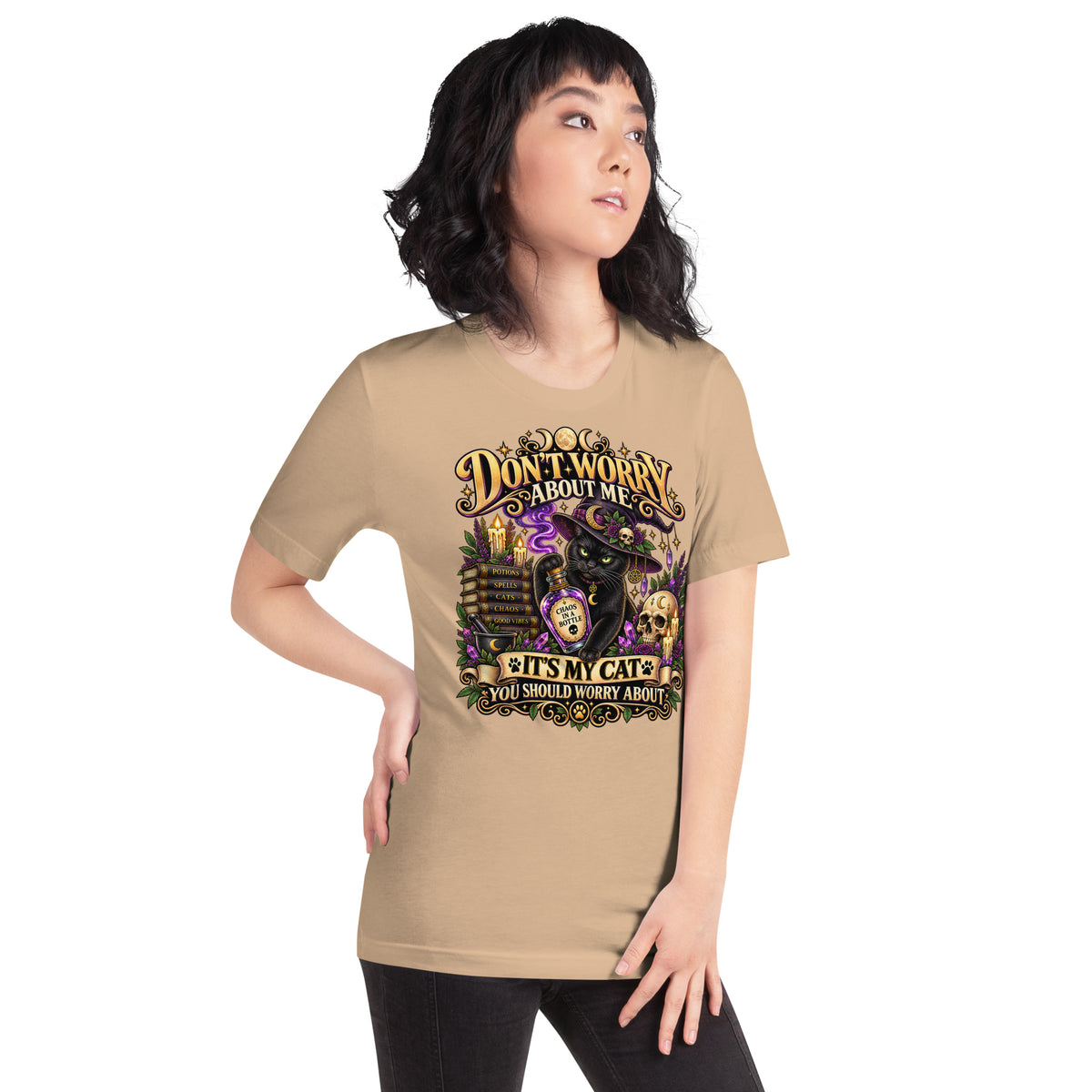 Model wearing a Tan It's My Cat You Should Worry About t-shirt, right side view