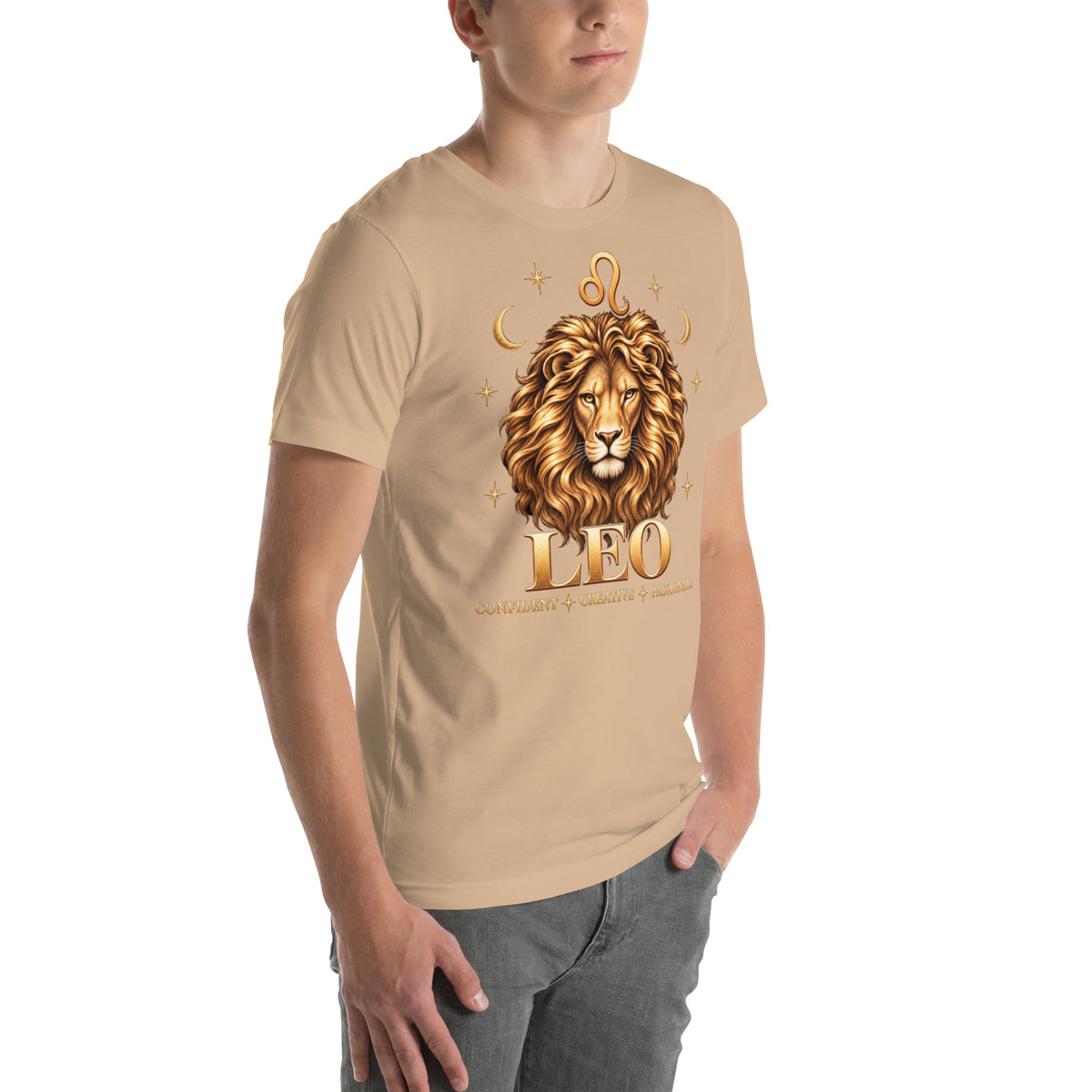 Leo zodiac t-shirt in tan, front view angled right
