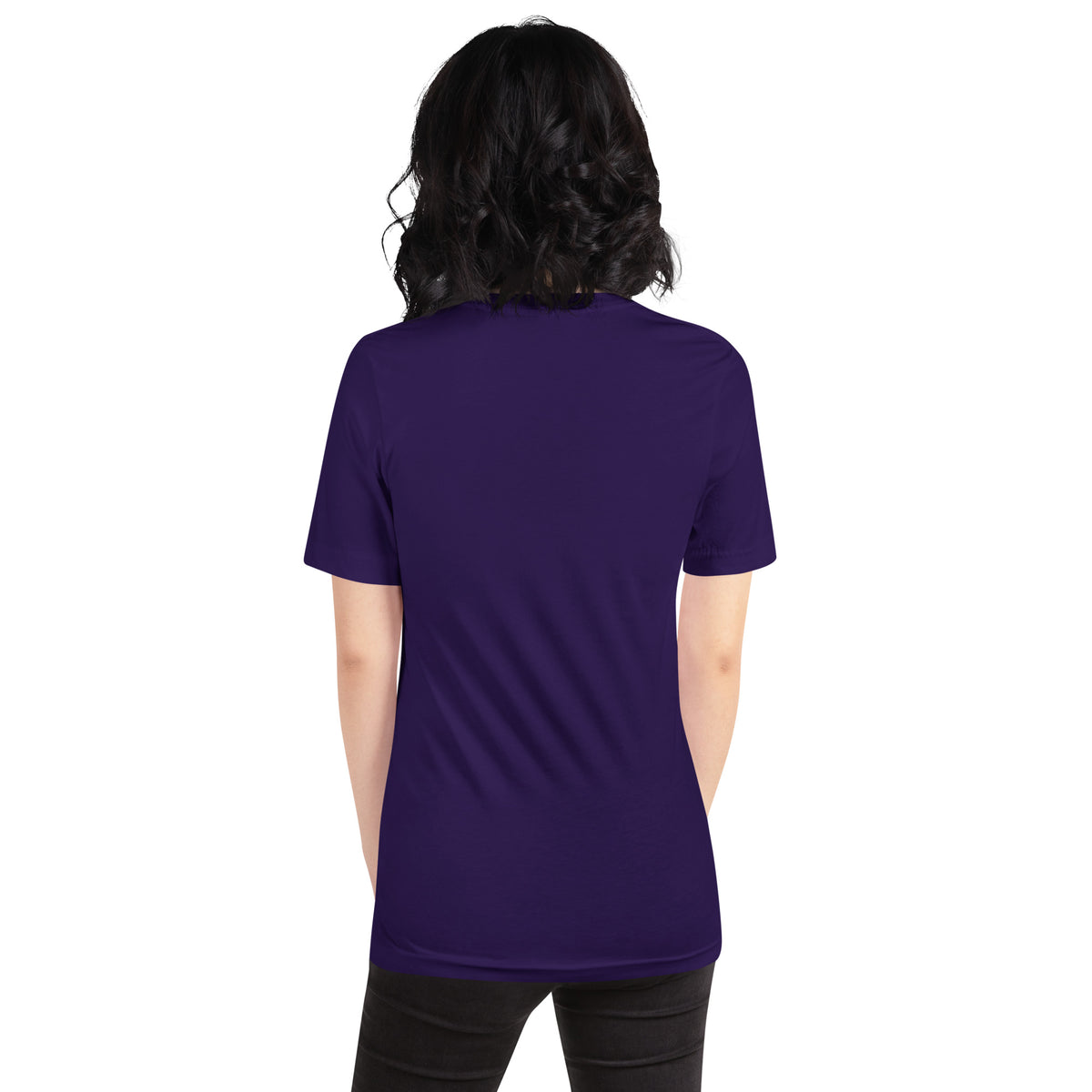 Chaos Coordinator whimsigoth design, a witchy black cat in a pointed hat, on a team purple unisex t-shirt, back view