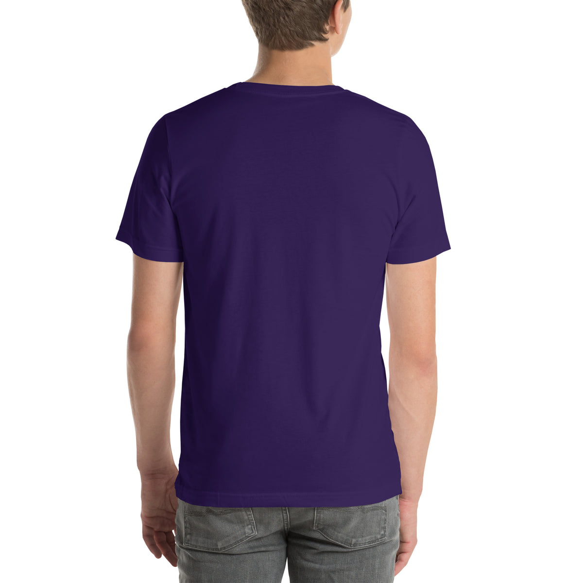 222 Trust The Timing angel number design, two white doves with olive branches, a gold pocket watch and white feathers, on a team purple unisex t-shirt, back view