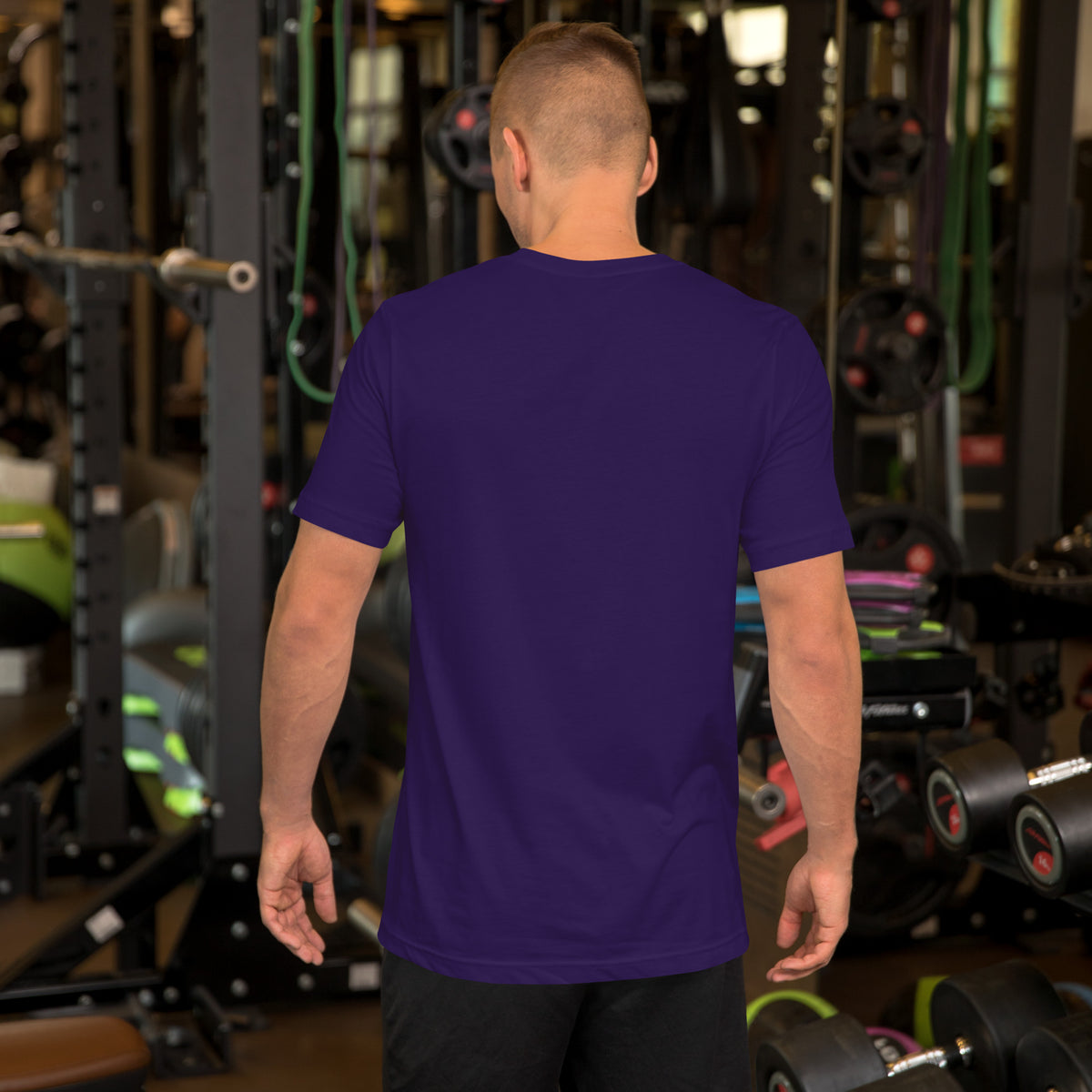 111 Thoughts Become Things angel number design, a golden sunburst with white lotus flowers and amethyst crystals, on a team purple unisex t-shirt, back view