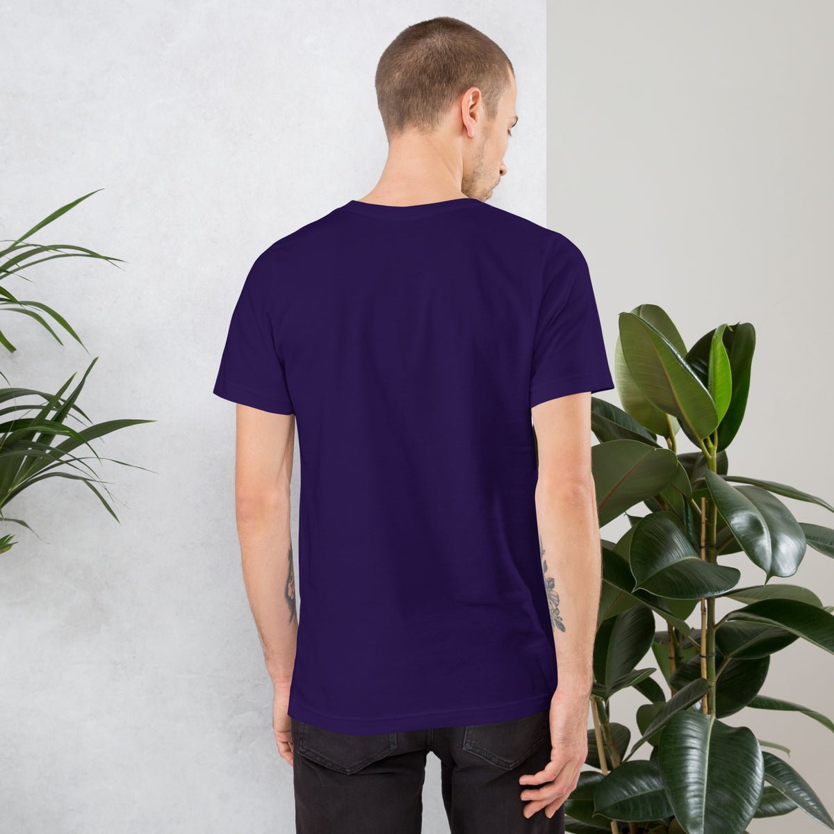 11:11 angel number design, the number set in plain white type above Notice, Align, Receive, on a team purple unisex t-shirt, back view
