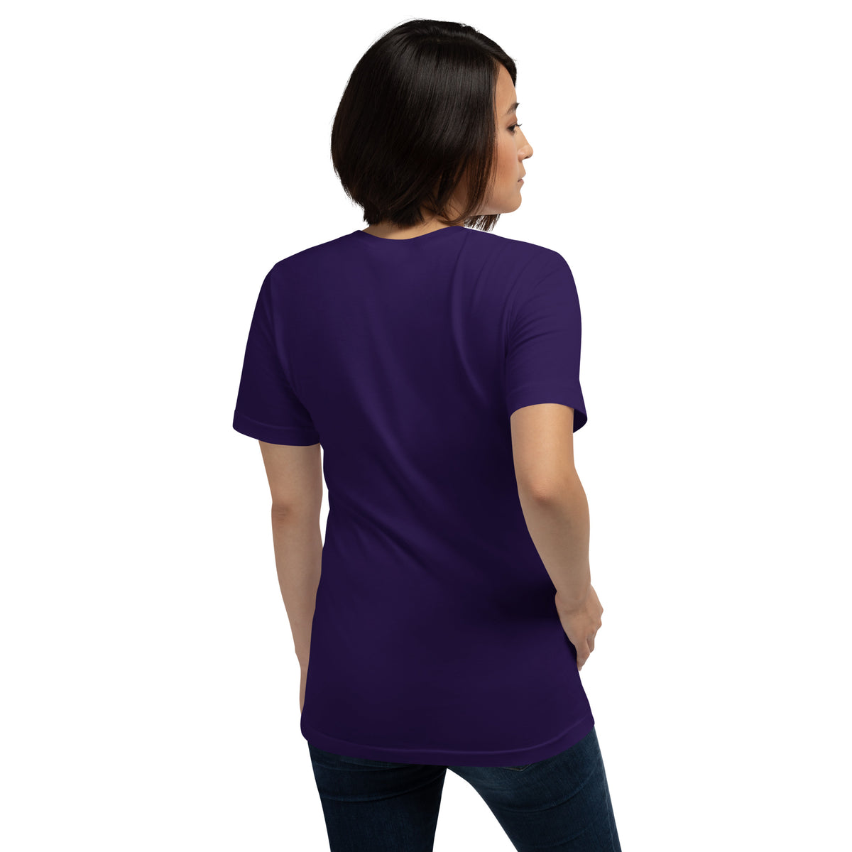 Grounded unisex t-shirt in team purple, back view, showing the plain reverse.