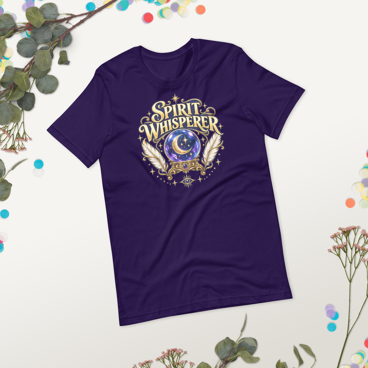 Spirit Whisperer unisex t-shirt in team purple, front view worn, showing the fit.