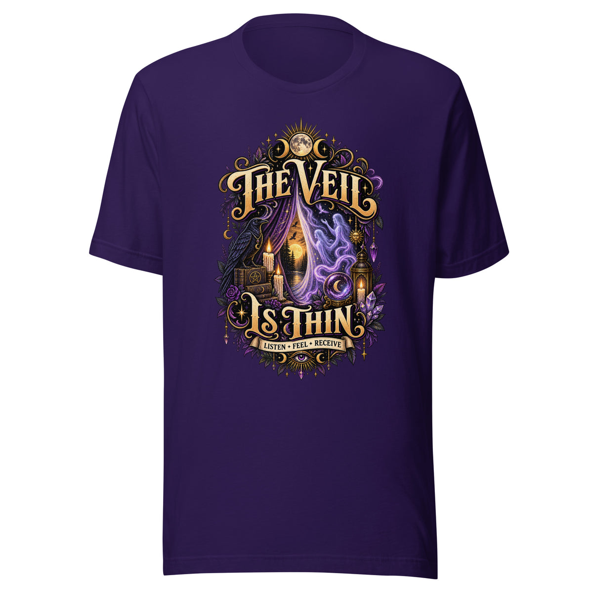 The Veil Is Thin whimsigoth design, a raven, candles and spirits rising through a parted veil, on a team purple unisex t-shirt, front view