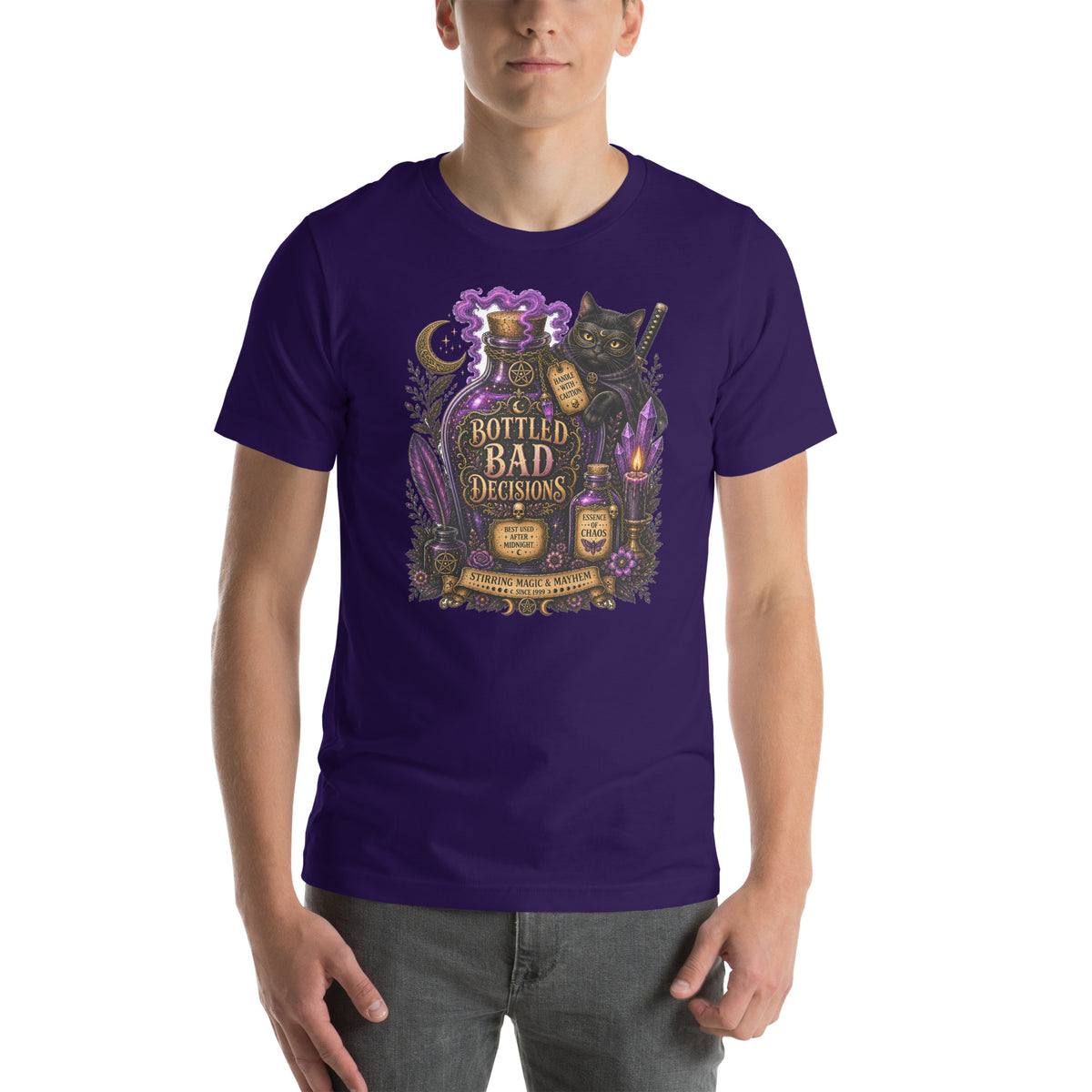 Bottled Bad Decisions whimsigoth design, a black cat and a glowing potion bottle, on a team purple unisex t-shirt, front view