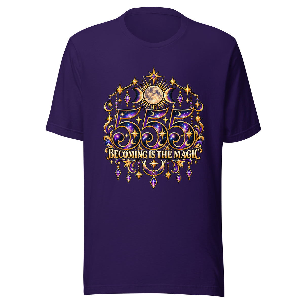 555 Becoming Is The Magic angel number design, a full moon between two crescents, hung with gold chains and amethyst drops, on a team purple unisex t-shirt, front view