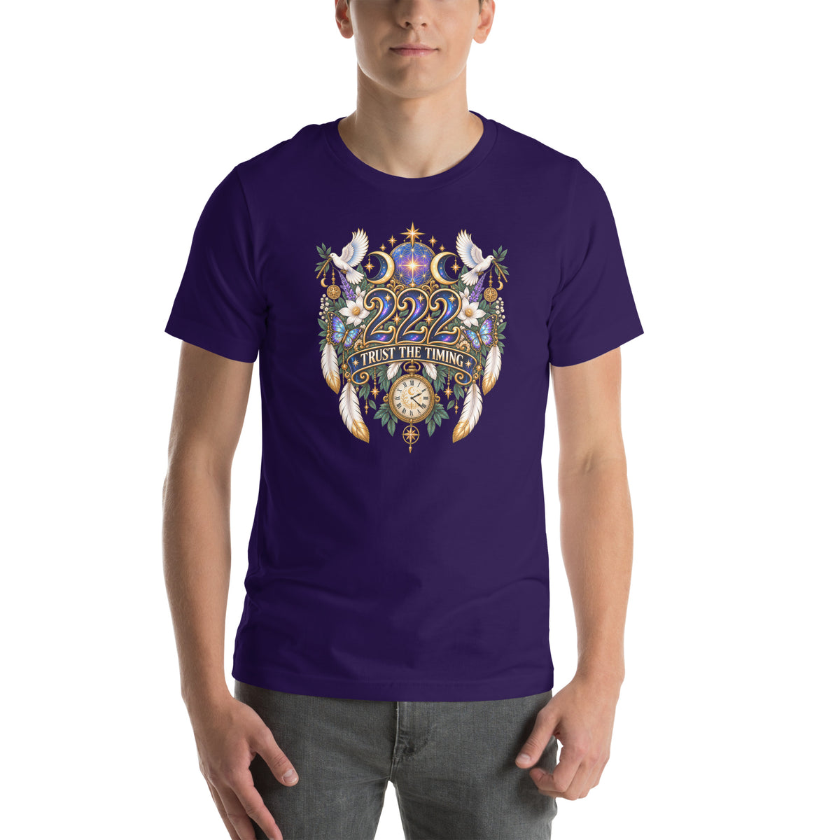 222 Trust The Timing angel number design, two white doves with olive branches, a gold pocket watch and white feathers, on a team purple unisex t-shirt, front view