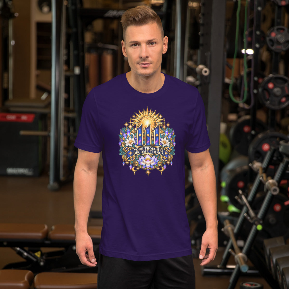 111 Thoughts Become Things angel number design, a golden sunburst with white lotus flowers and amethyst crystals, on a team purple unisex t-shirt, front view