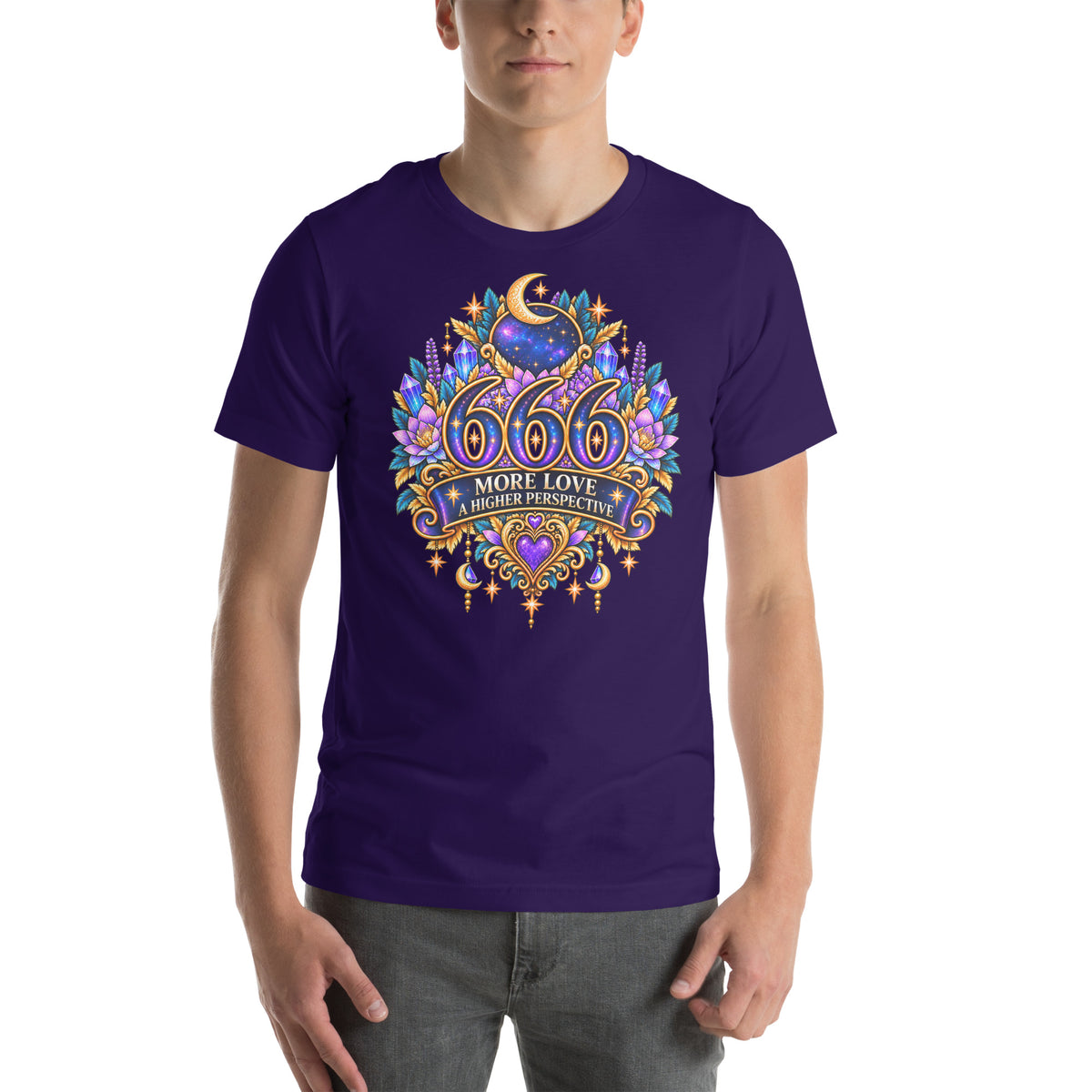 666 More Love angel number design, a crescent moon over a starry orb, with purple lotus flowers and blue crystals, on a team purple unisex t-shirt, front view