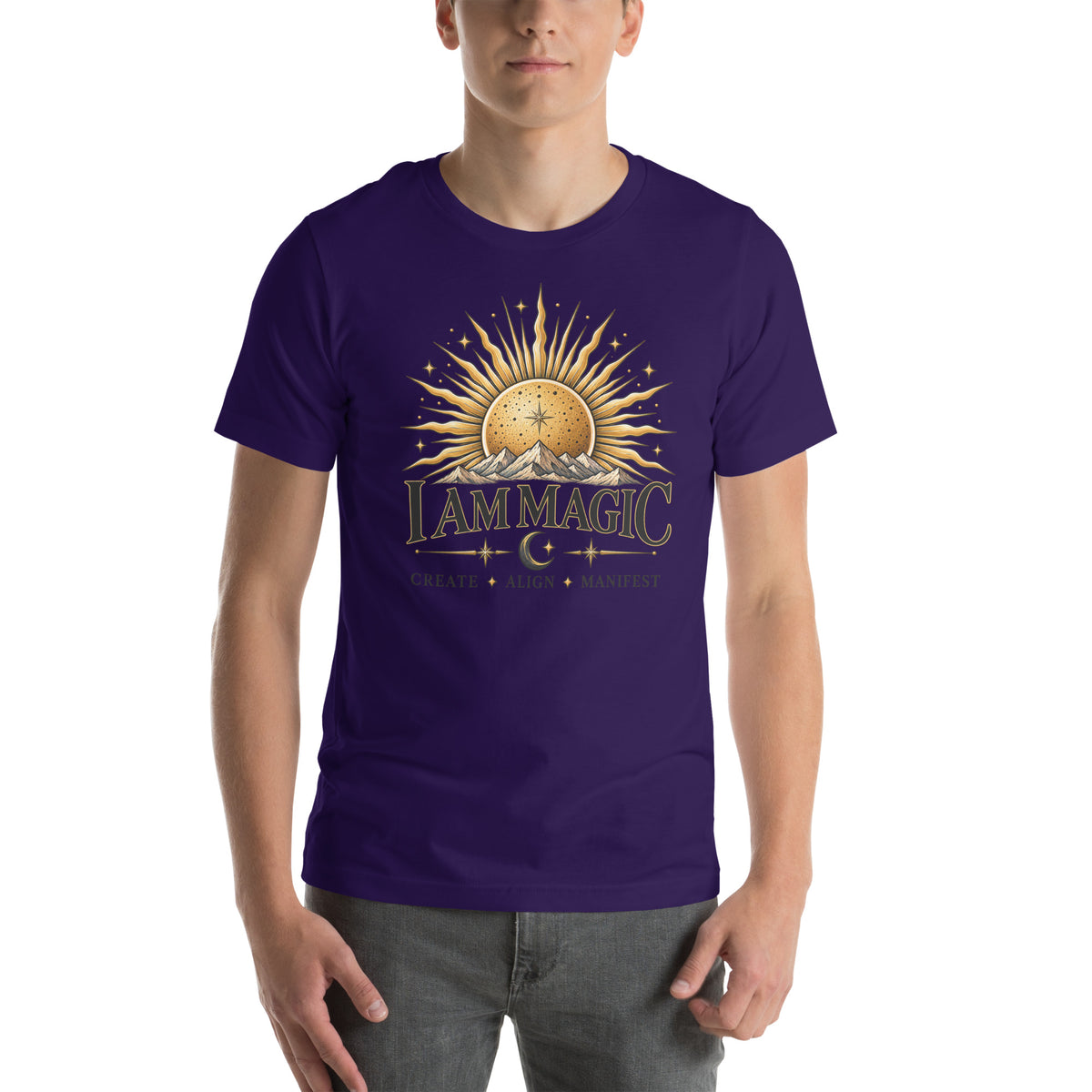 I Am Magic design with a gold sun face, Be Magical collection, on a team purple unisex t-shirt, front view