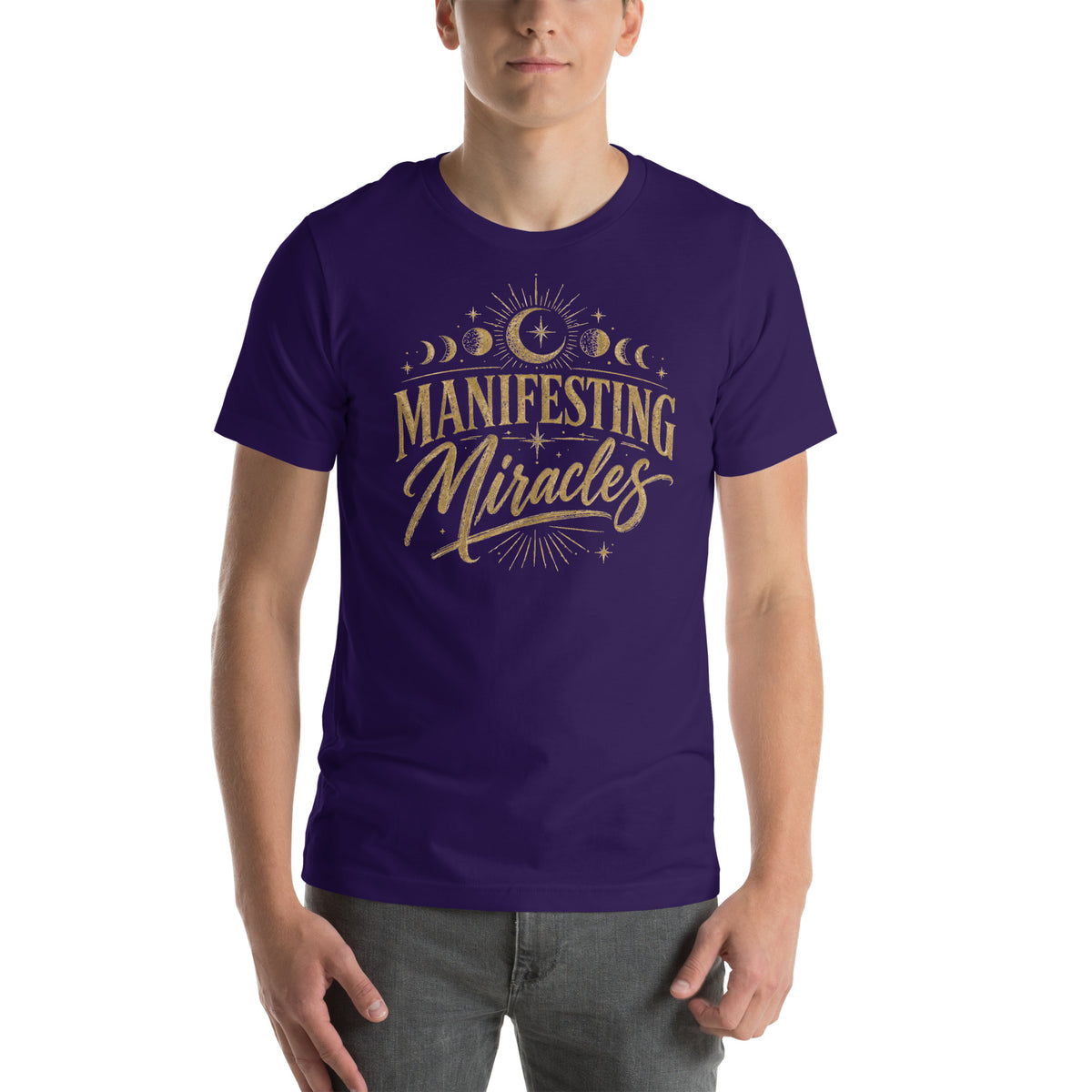 Manifesting Miracles design with moon phases in antique gold, on a team purple unisex t-shirt, front view
