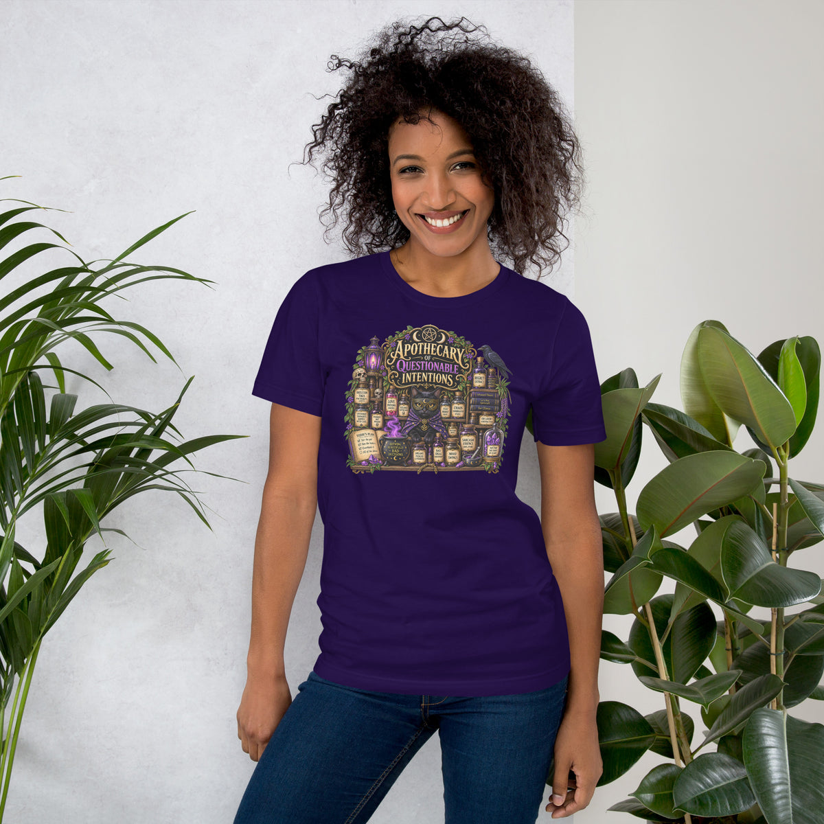 Apothecary of Questionable Intentions, a witchy black cat and two dozen potion bottles, on a team purple unisex t-shirt, front view