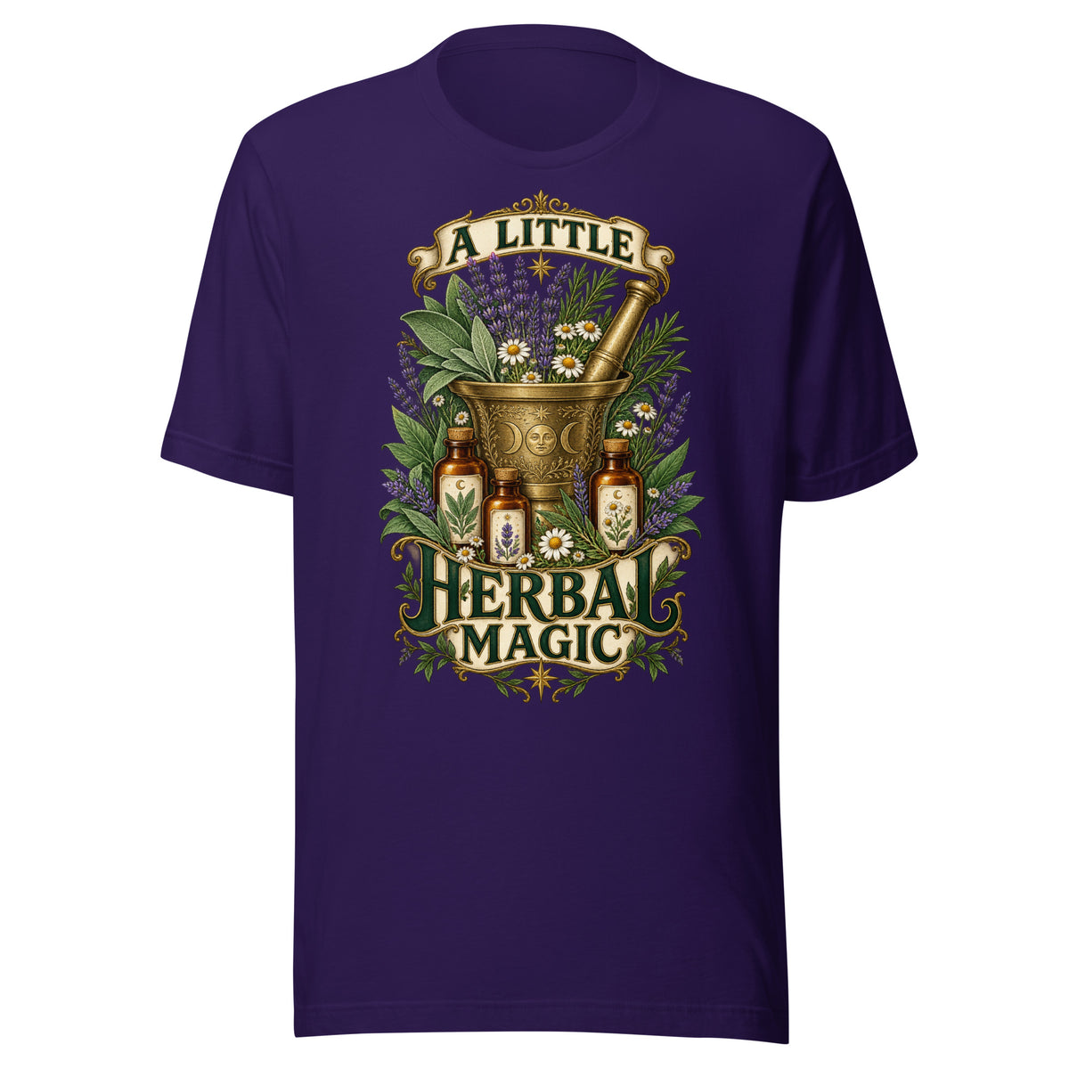 A Little Herbal Magic unisex t-shirt in team purple, front. Herbology design with sage, lavender and healing herbs.