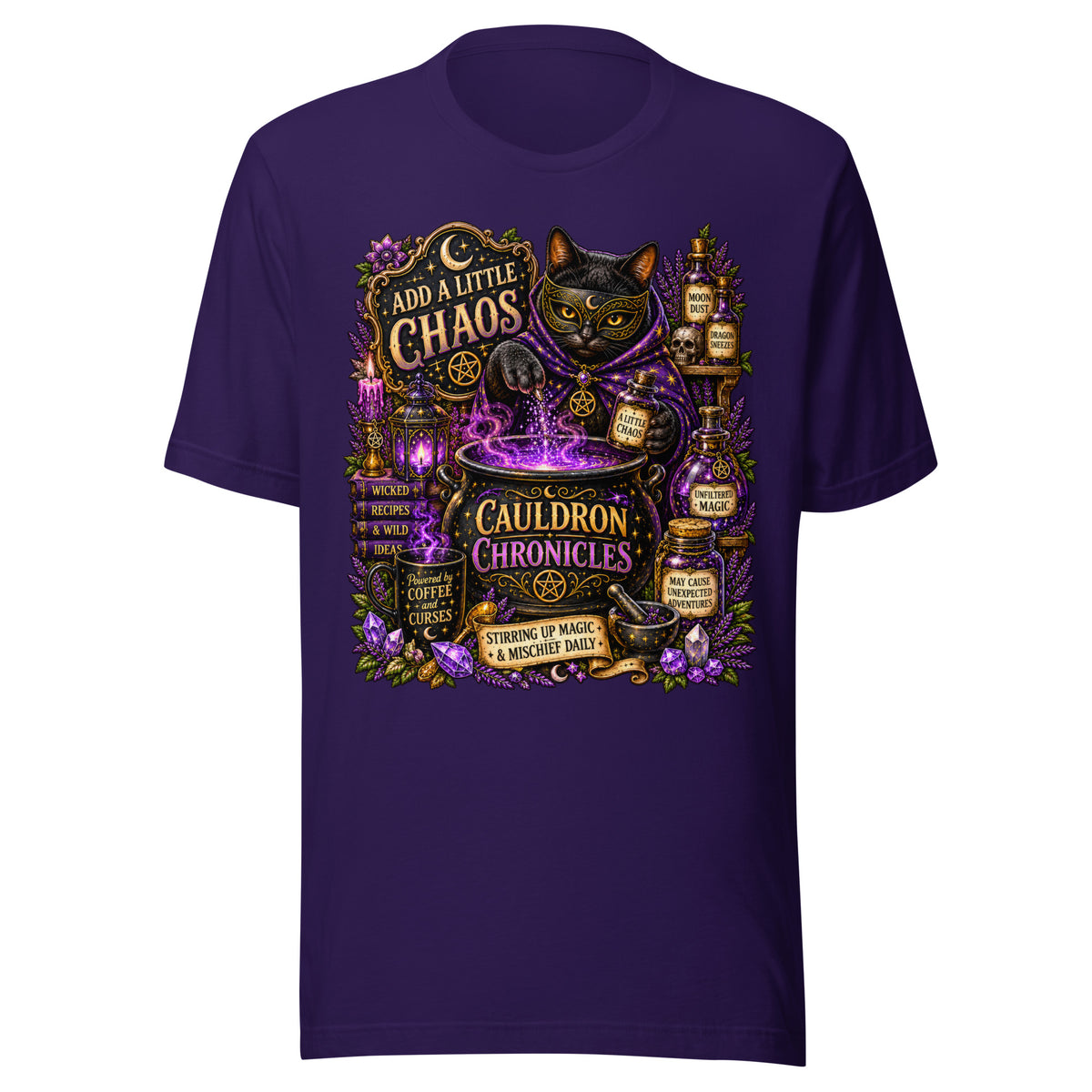 Add A Little Chaos design, a masked black cat stirring a bubbling purple cauldron, on a team purple unisex t-shirt, front view