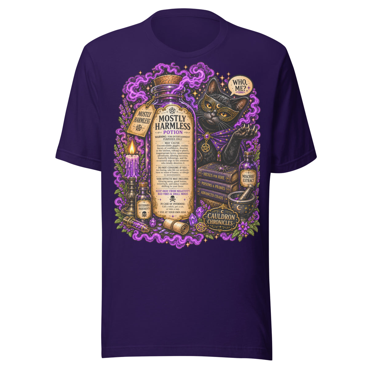Mostly Harmless design, a potion bottle and a masked black cat, on a team purple unisex t-shirt, front view