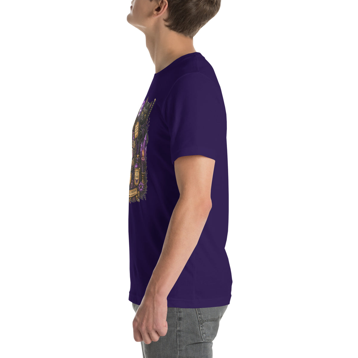 Bottled Bad Decisions whimsigoth design, a black cat and a glowing potion bottle, on a team purple unisex t-shirt, left side view