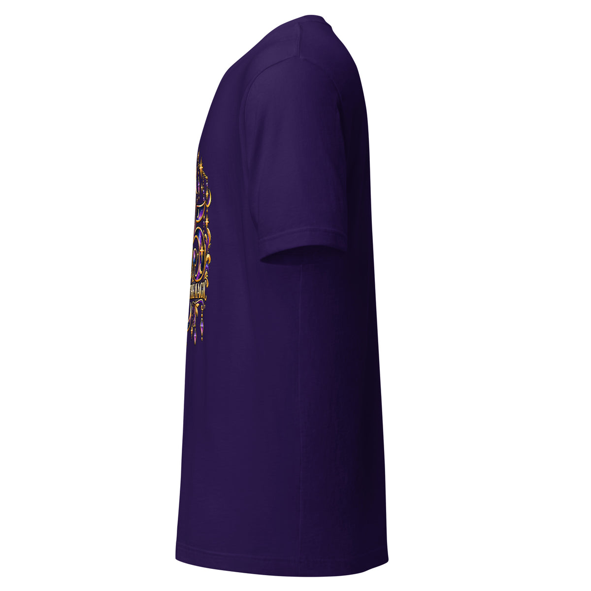 555 Becoming Is The Magic angel number design, a full moon between two crescents, hung with gold chains and amethyst drops, on a team purple unisex t-shirt, left side view