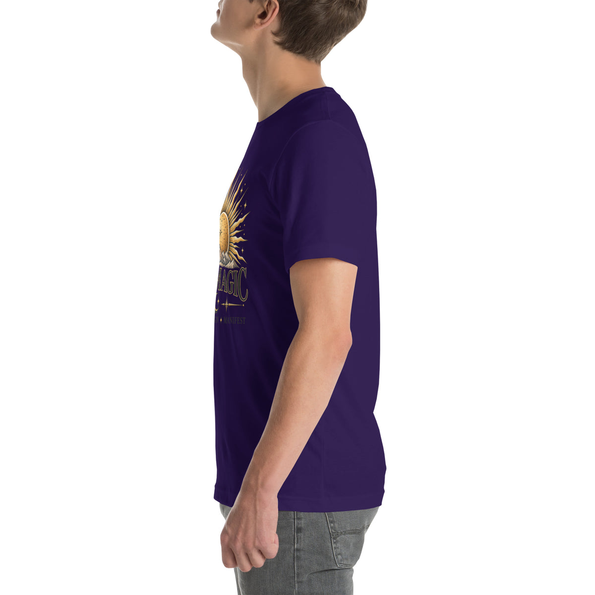 I Am Magic design with a gold sun face, Be Magical collection, on a team purple unisex t-shirt, left side view