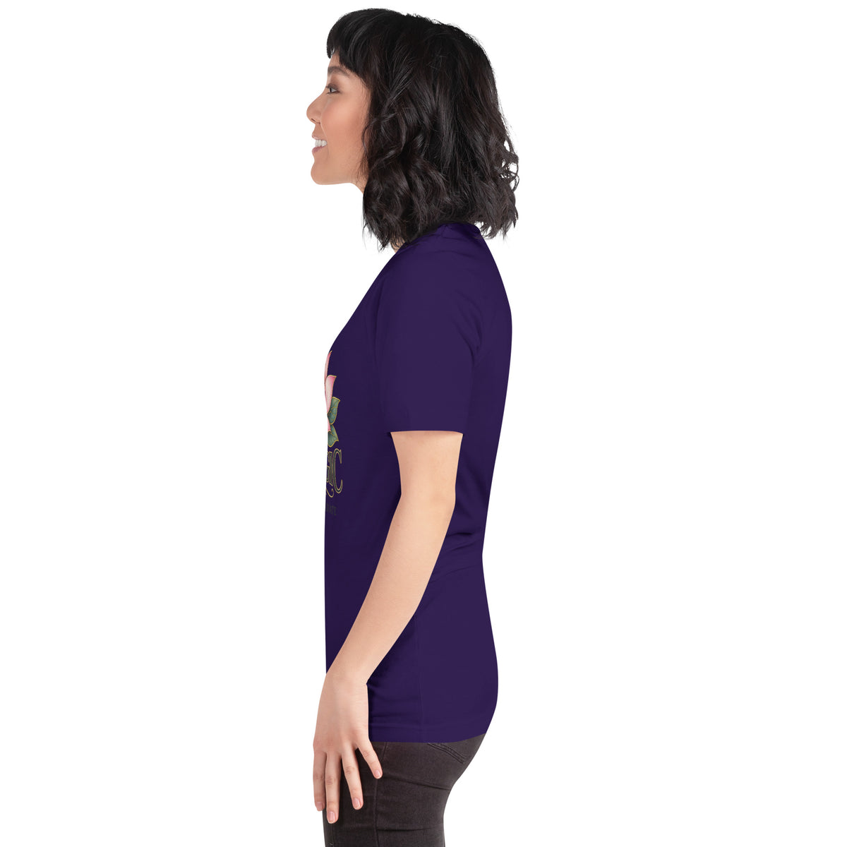 I Am Magic design with a gold lotus, Be Magical collection, on a team purple unisex t-shirt, left side view