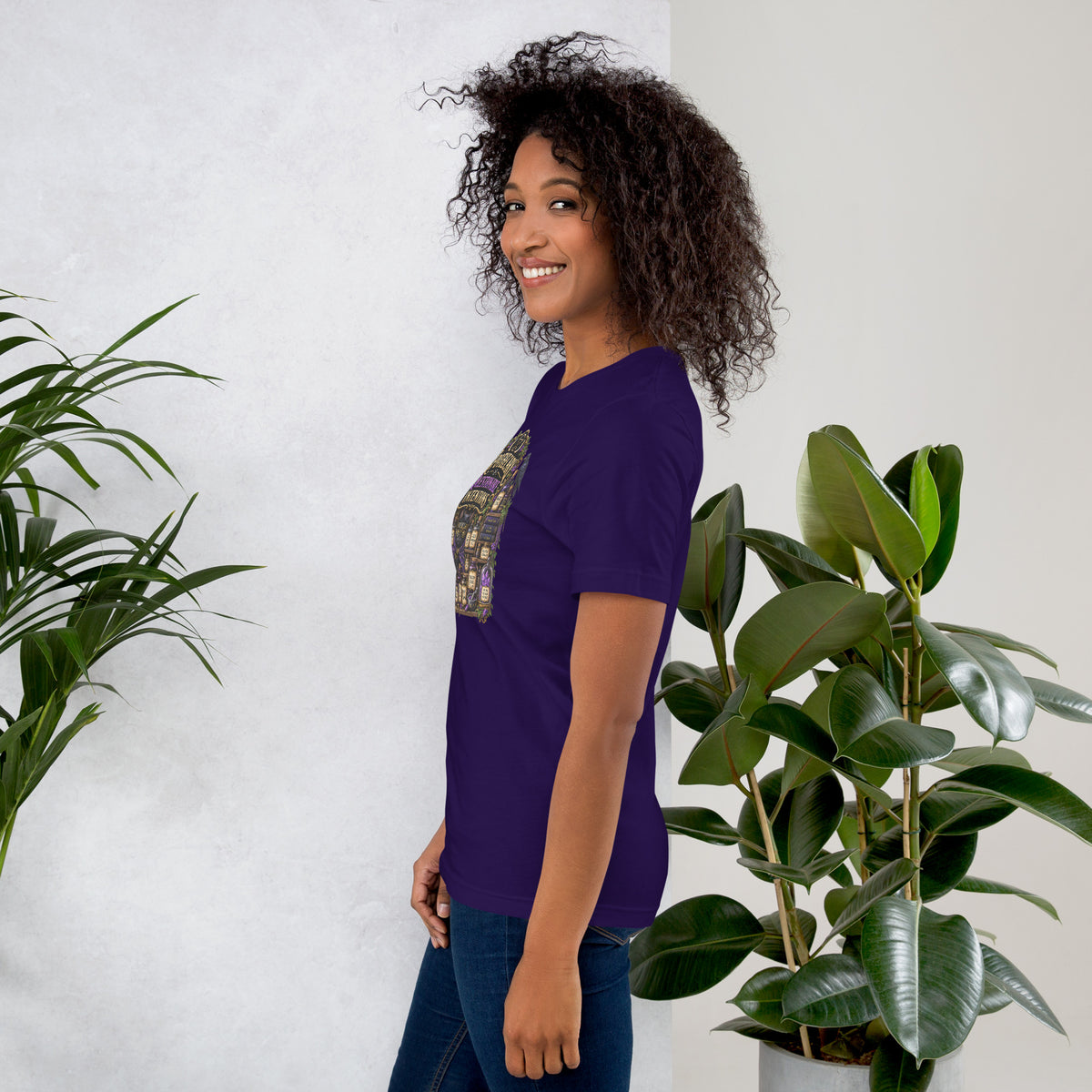 Apothecary of Questionable Intentions, a witchy black cat and two dozen potion bottles, on a team purple unisex t-shirt, left side view