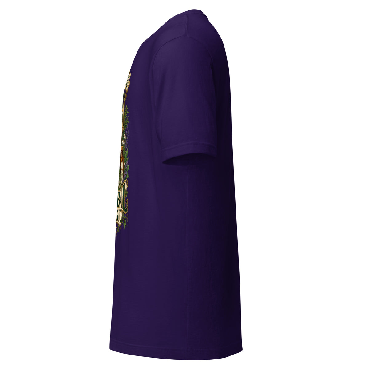 A Little Herbal Magic unisex t-shirt in team purple, left side, showing the sleeve and side seam.