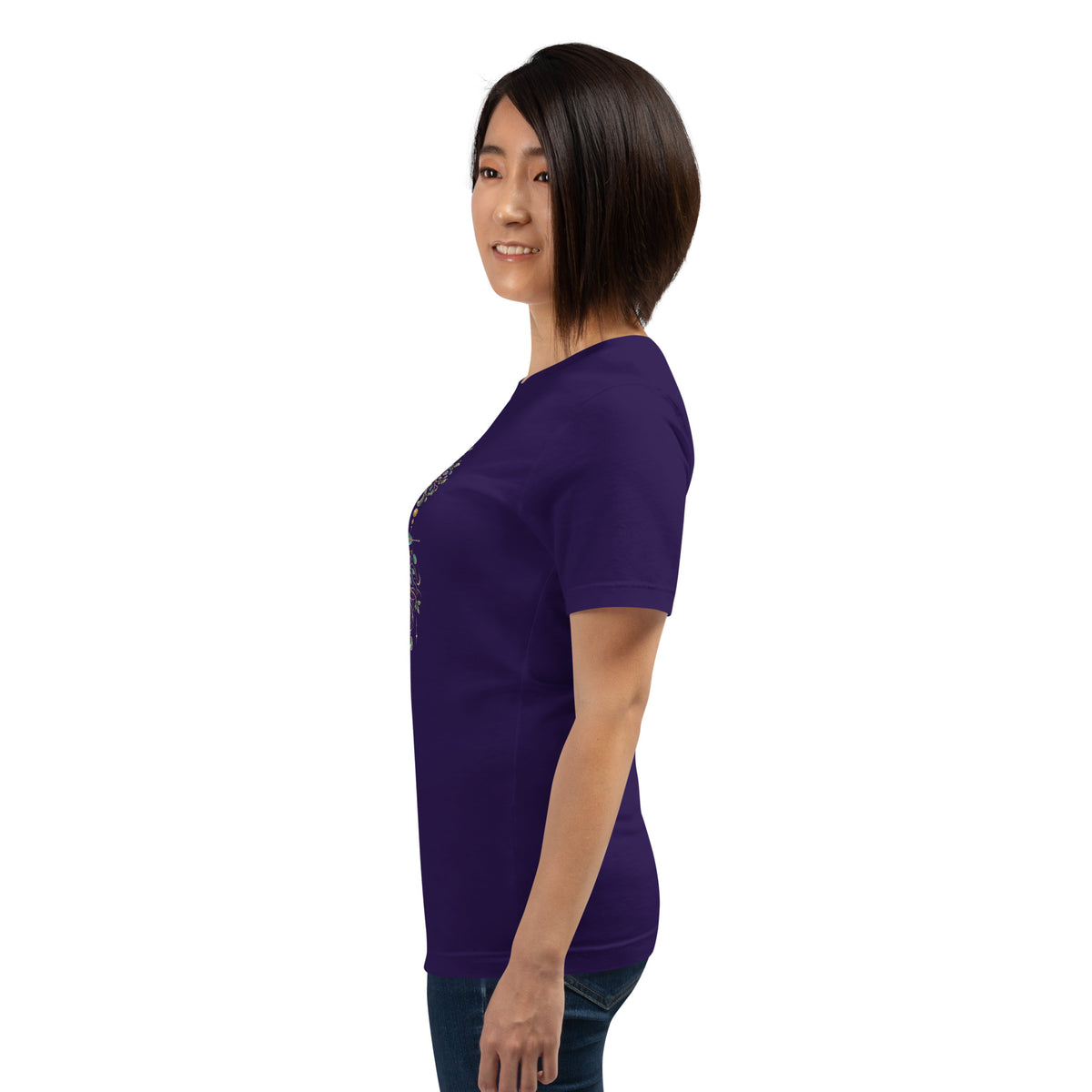 Grounded unisex t-shirt in team purple, left side, showing the sleeve and drape.