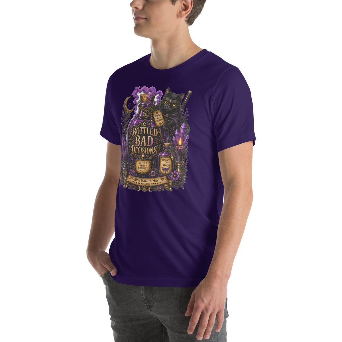 Bottled Bad Decisions whimsigoth design, a black cat and a glowing potion bottle, on a team purple unisex t-shirt, left front view