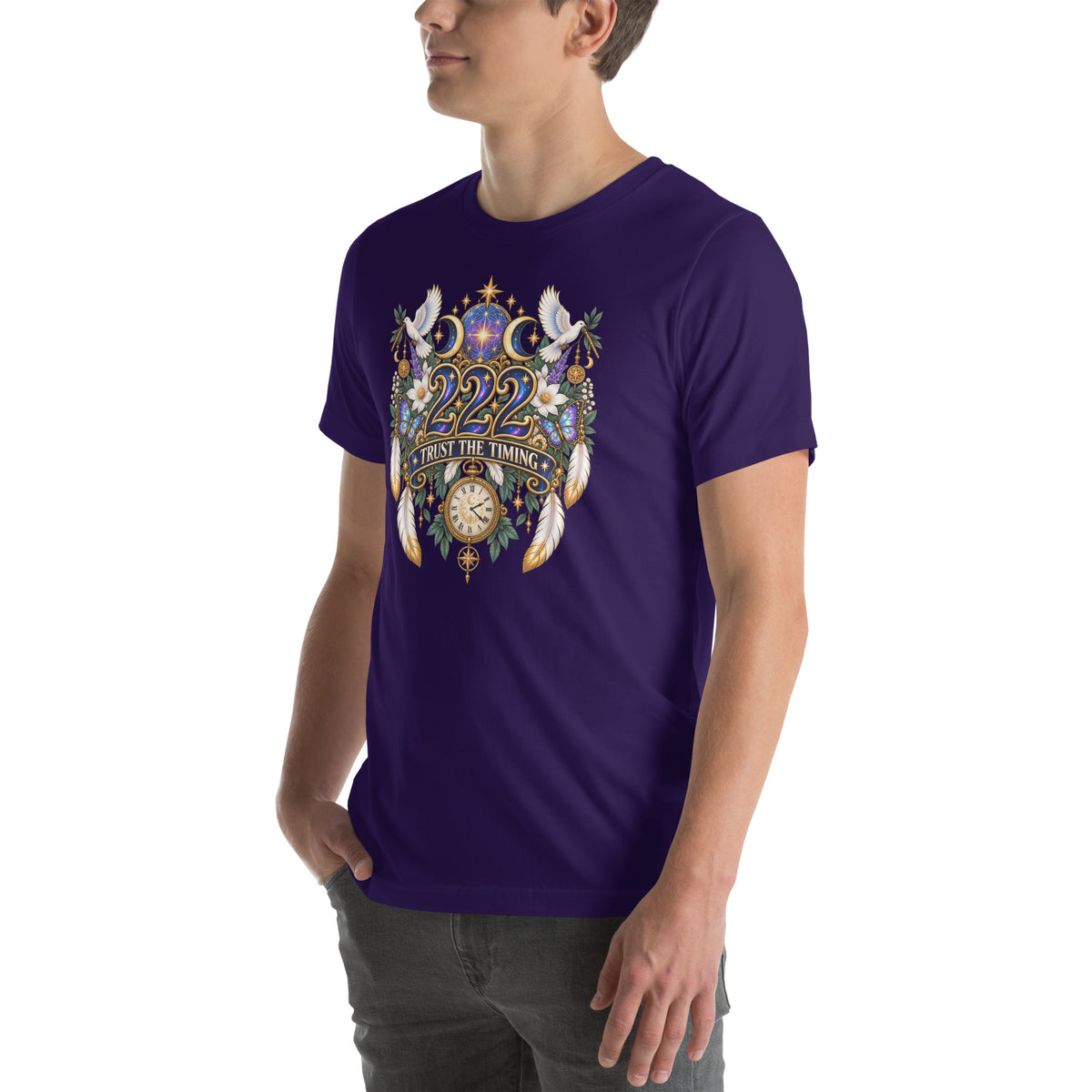 222 Trust The Timing angel number design, two white doves with olive branches, a gold pocket watch and white feathers, on a team purple unisex t-shirt, left front view