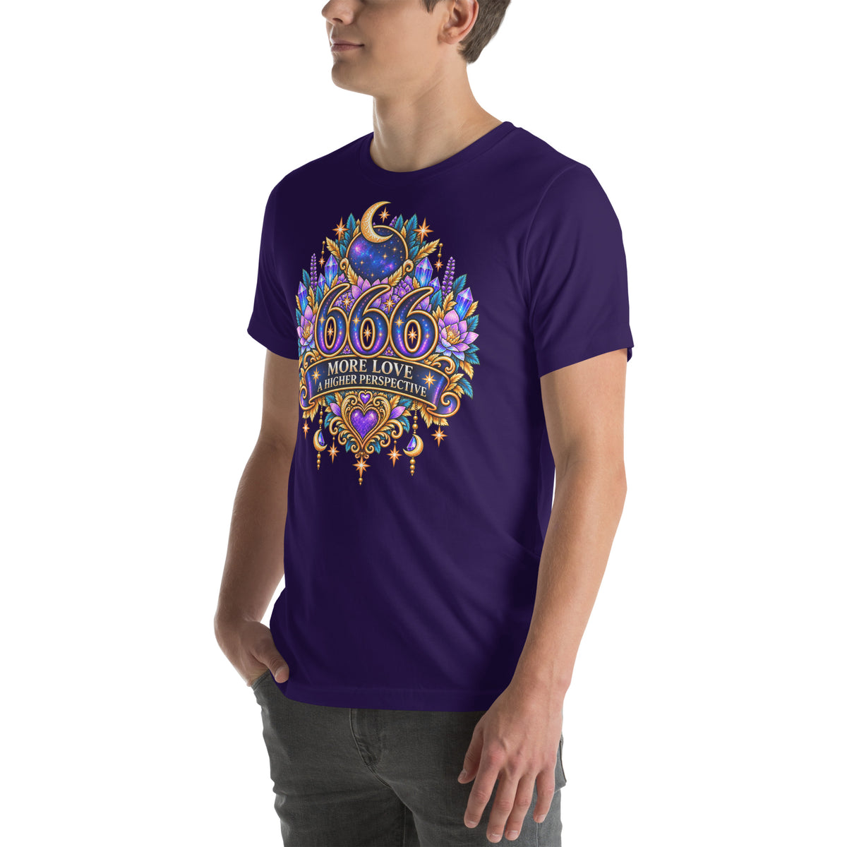 666 More Love angel number design, a crescent moon over a starry orb, with purple lotus flowers and blue crystals, on a team purple unisex t-shirt, left front view