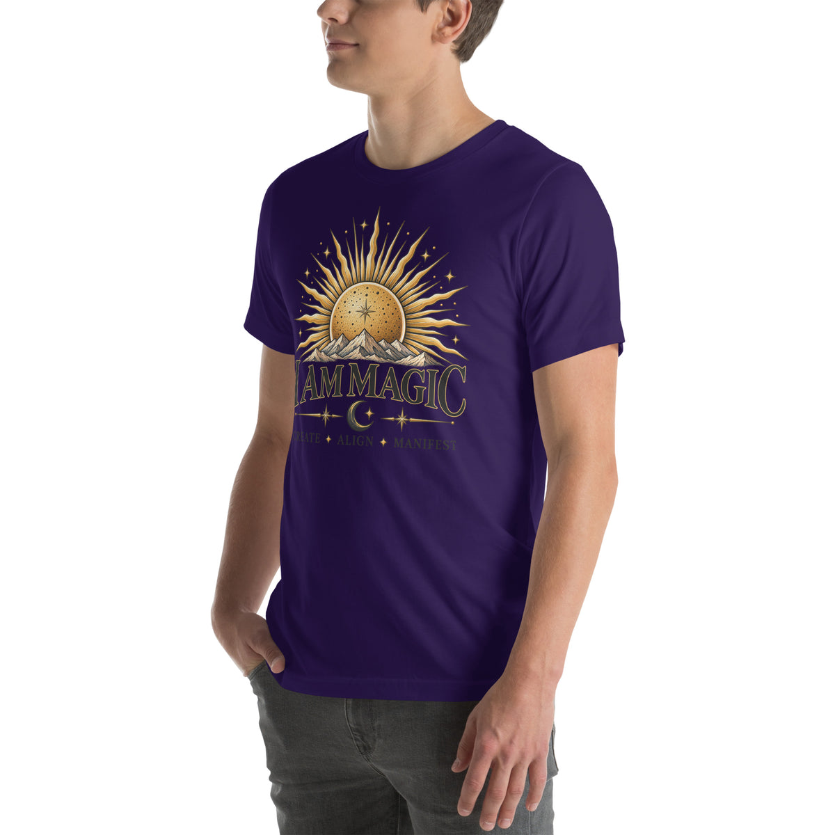 I Am Magic design with a gold sun face, Be Magical collection, on a team purple unisex t-shirt, angled left front view