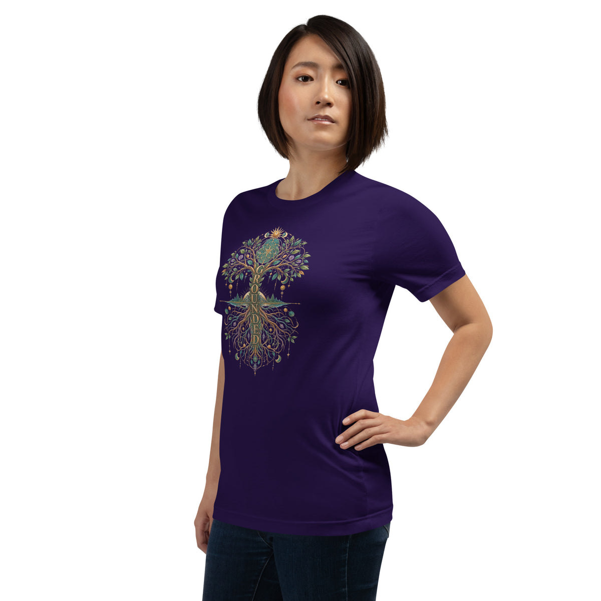 Grounded unisex t-shirt in team purple, worn and turned to the left, showing the design at an angle.